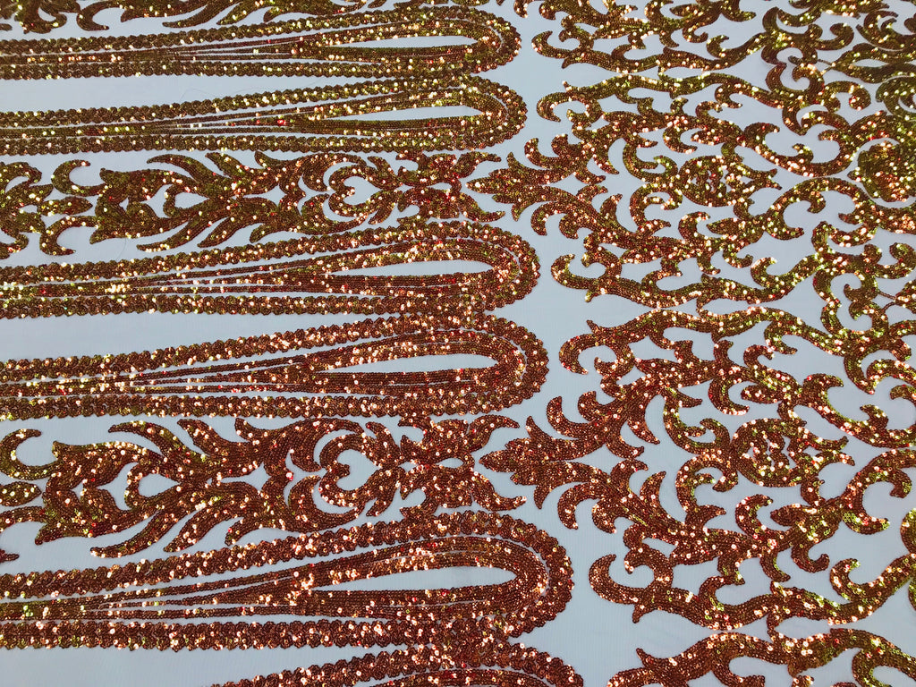 Damask Sequins - Yellow - 4 Way Stretch Damask Sequins Fashion Design By Yard