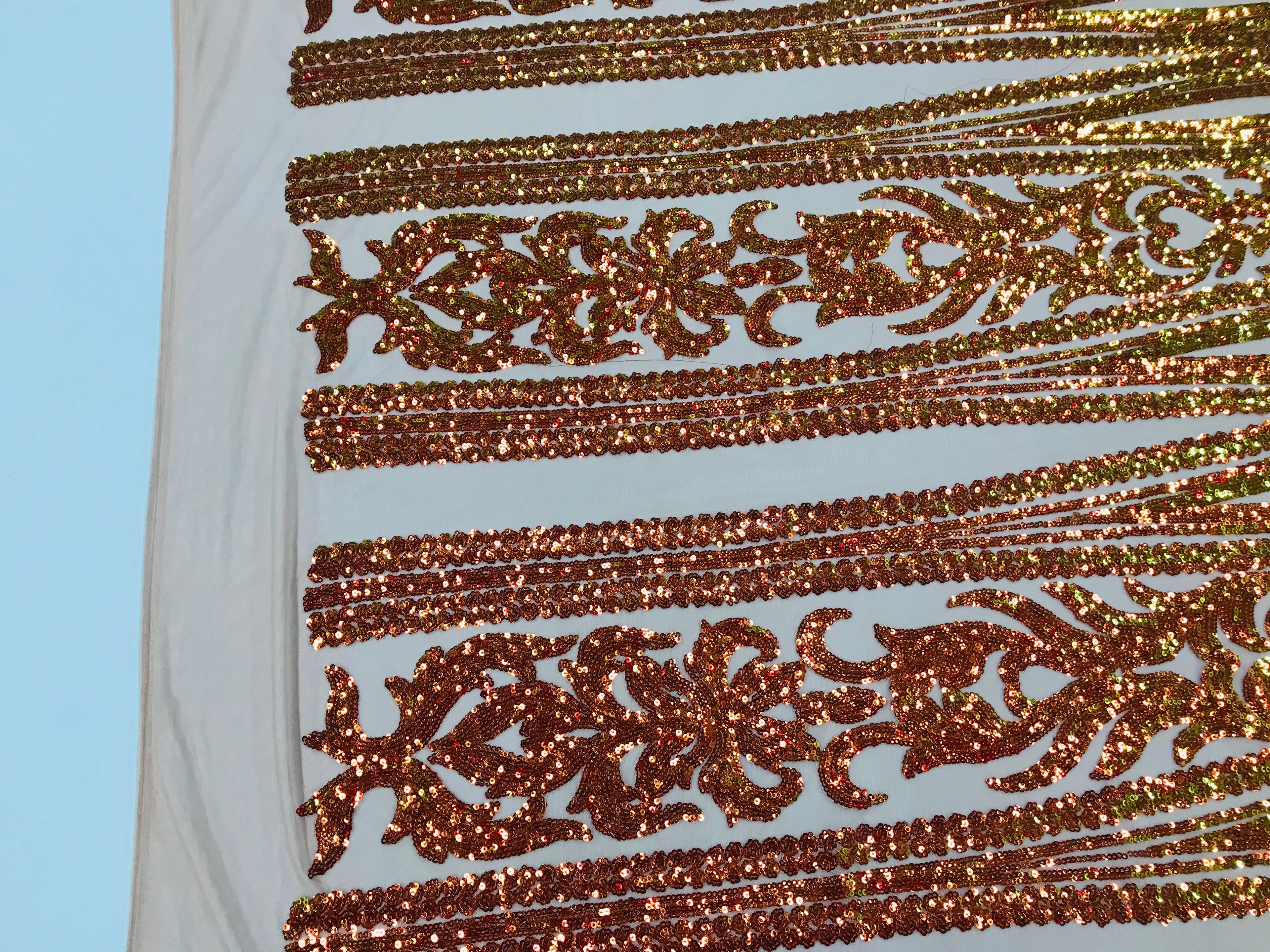 Damask Sequins - Iridescent Orange - 4 Way Stretch Damask Sequins Fashion Design Fabric