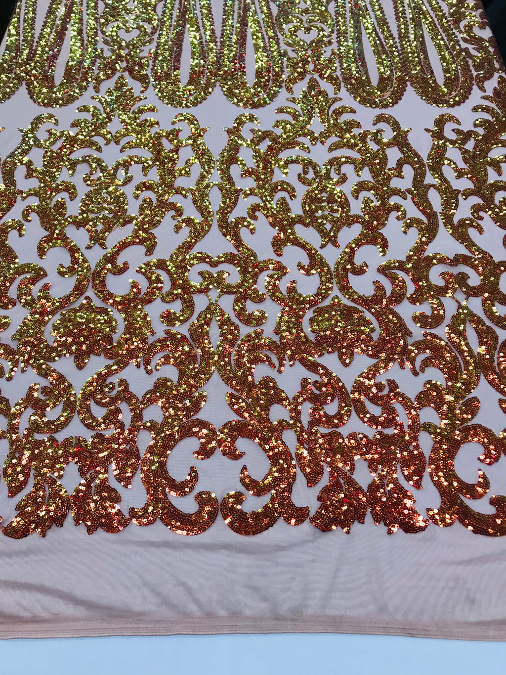 Damask Sequins - Iridescent Orange - 4 Way Stretch Damask Sequins Fashion Design Fabric