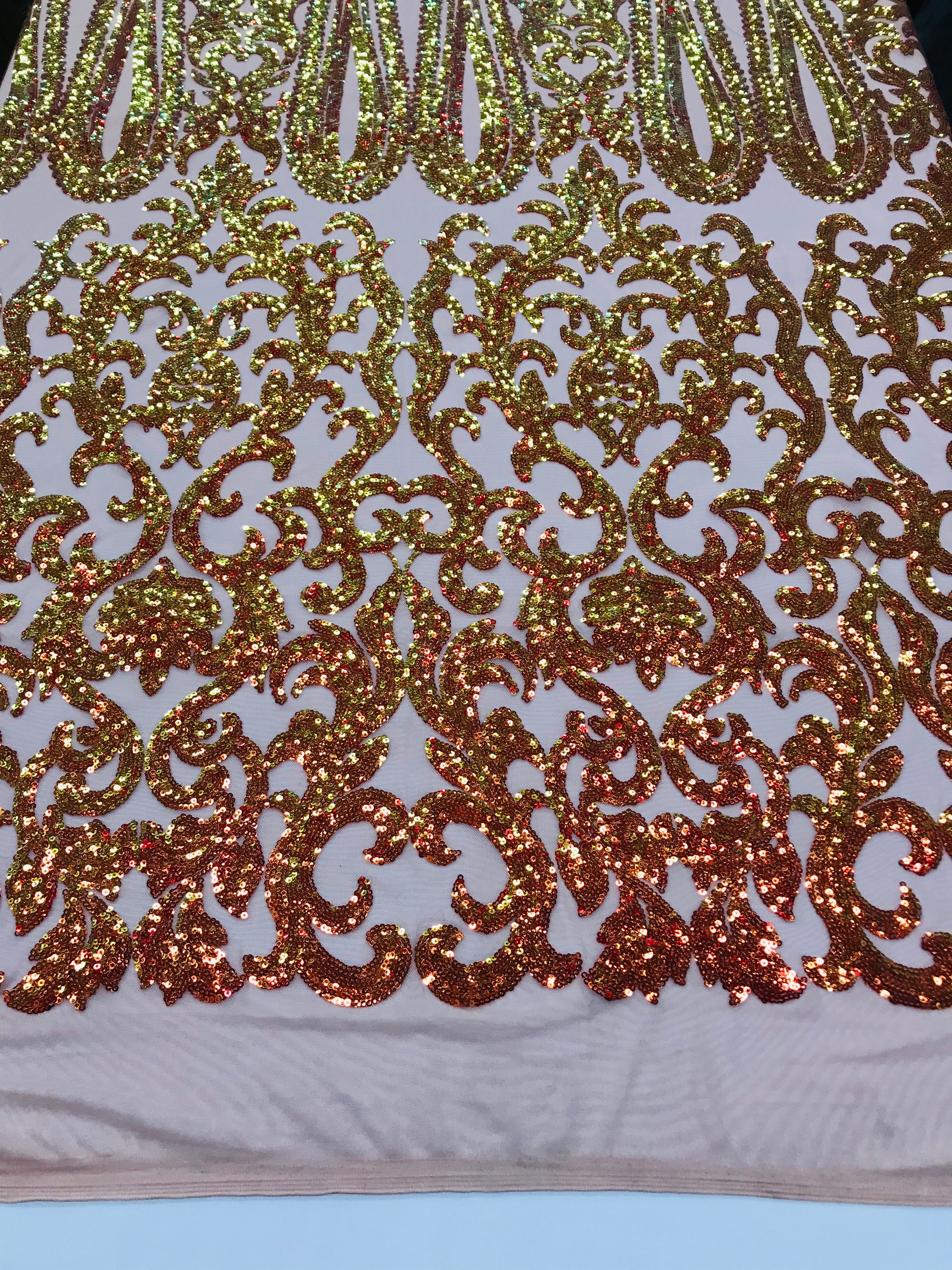 Damask Sequins - Iridescent Orange - 4 Way Stretch Damask Sequins Fashion Design Fabric