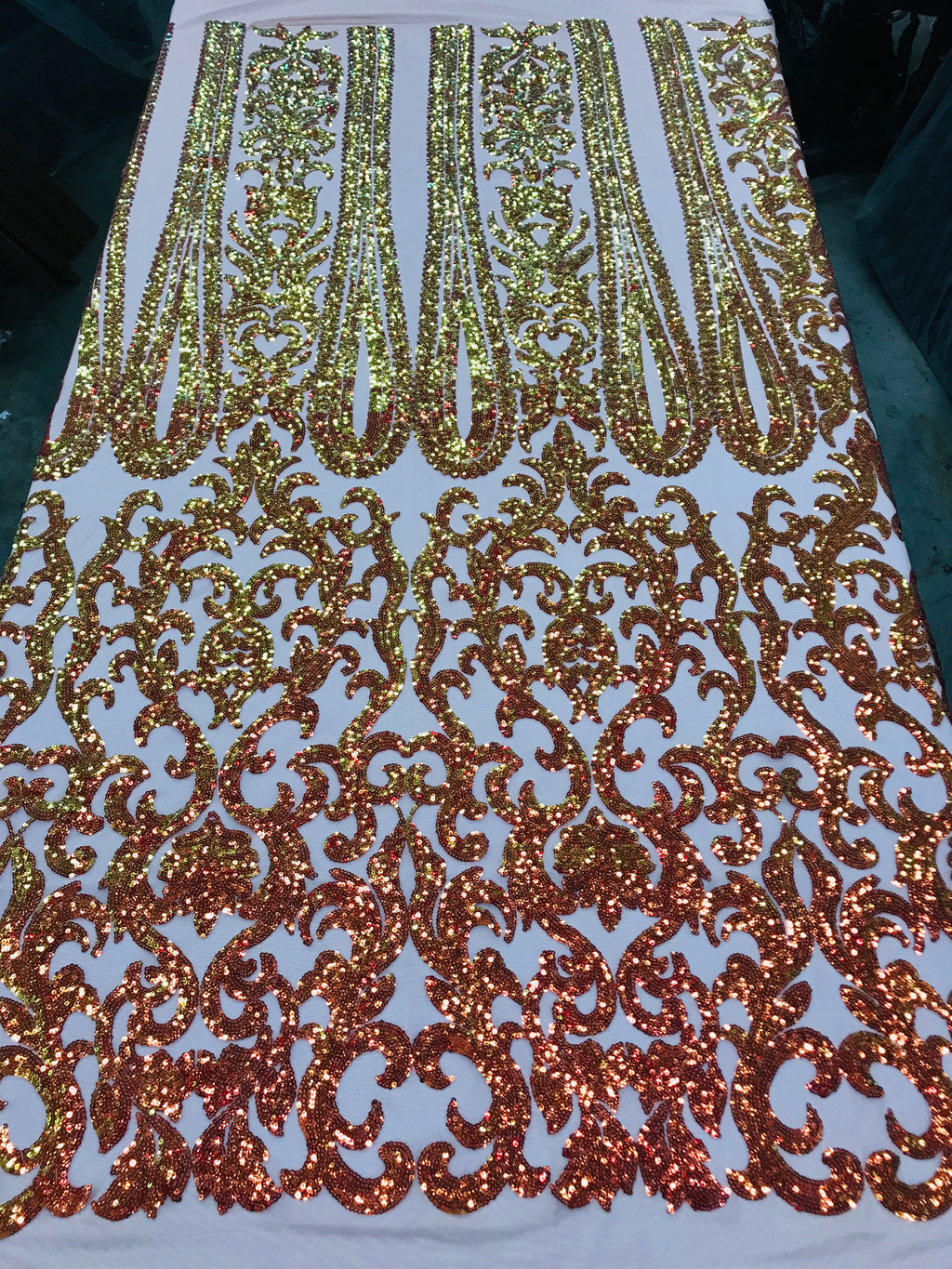 Damask Sequins - Iridescent Orange - 4 Way Stretch Damask Sequins Fashion Design Fabric
