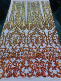 Damask Sequins - Iridescent Orange - 4 Way Stretch Damask Sequins Fashion Design Fabric