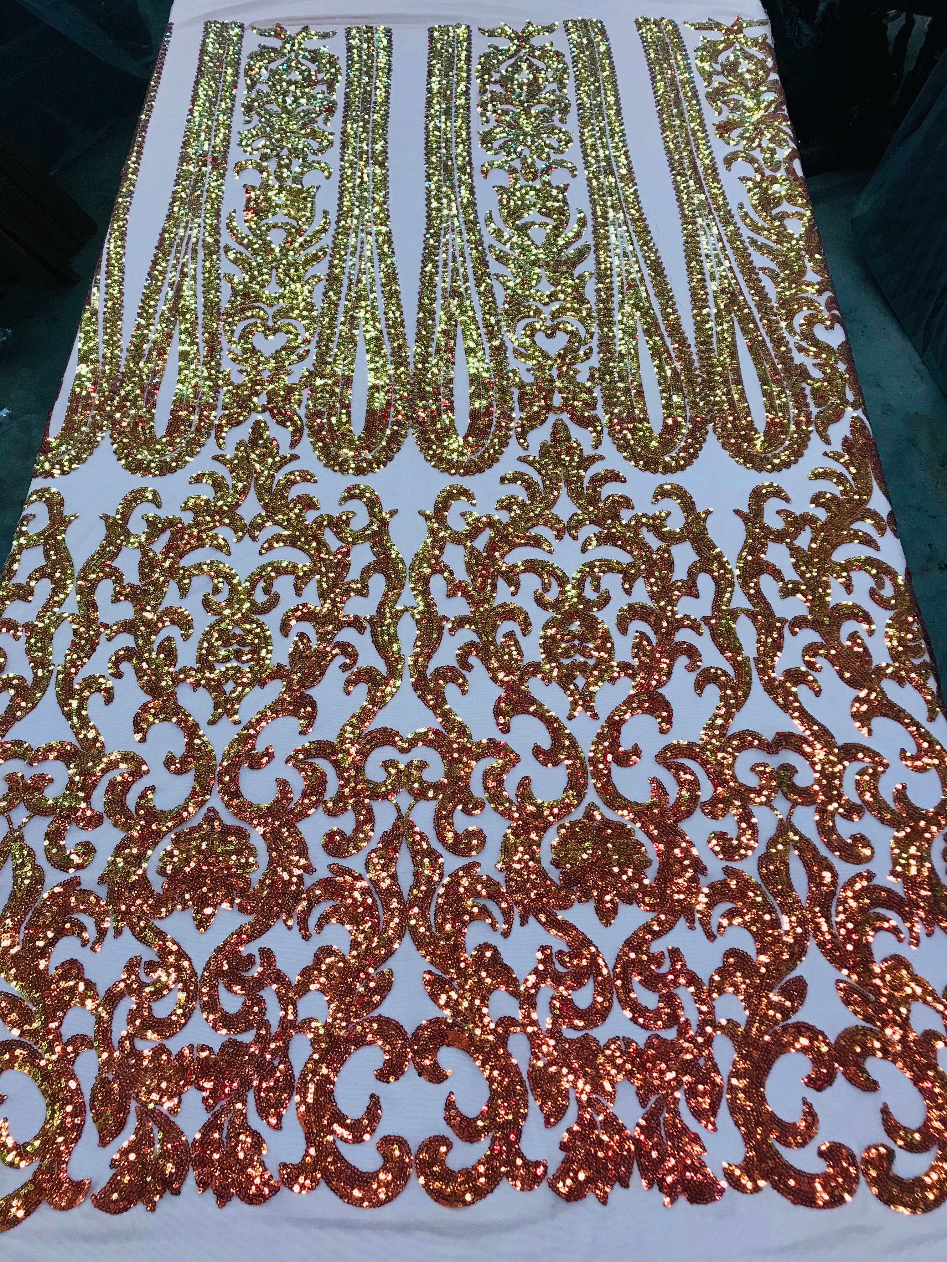 Damask Sequins - Yellow - 4 Way Stretch Damask Sequins Fashion Design By Yard