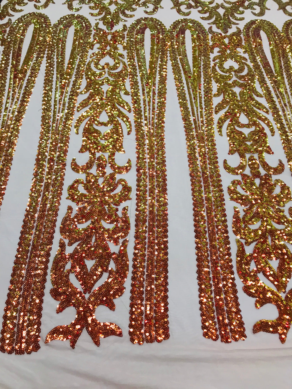Damask Sequins - Iridescent Orange - 4 Way Stretch Damask Sequins Fashion Design Fabric