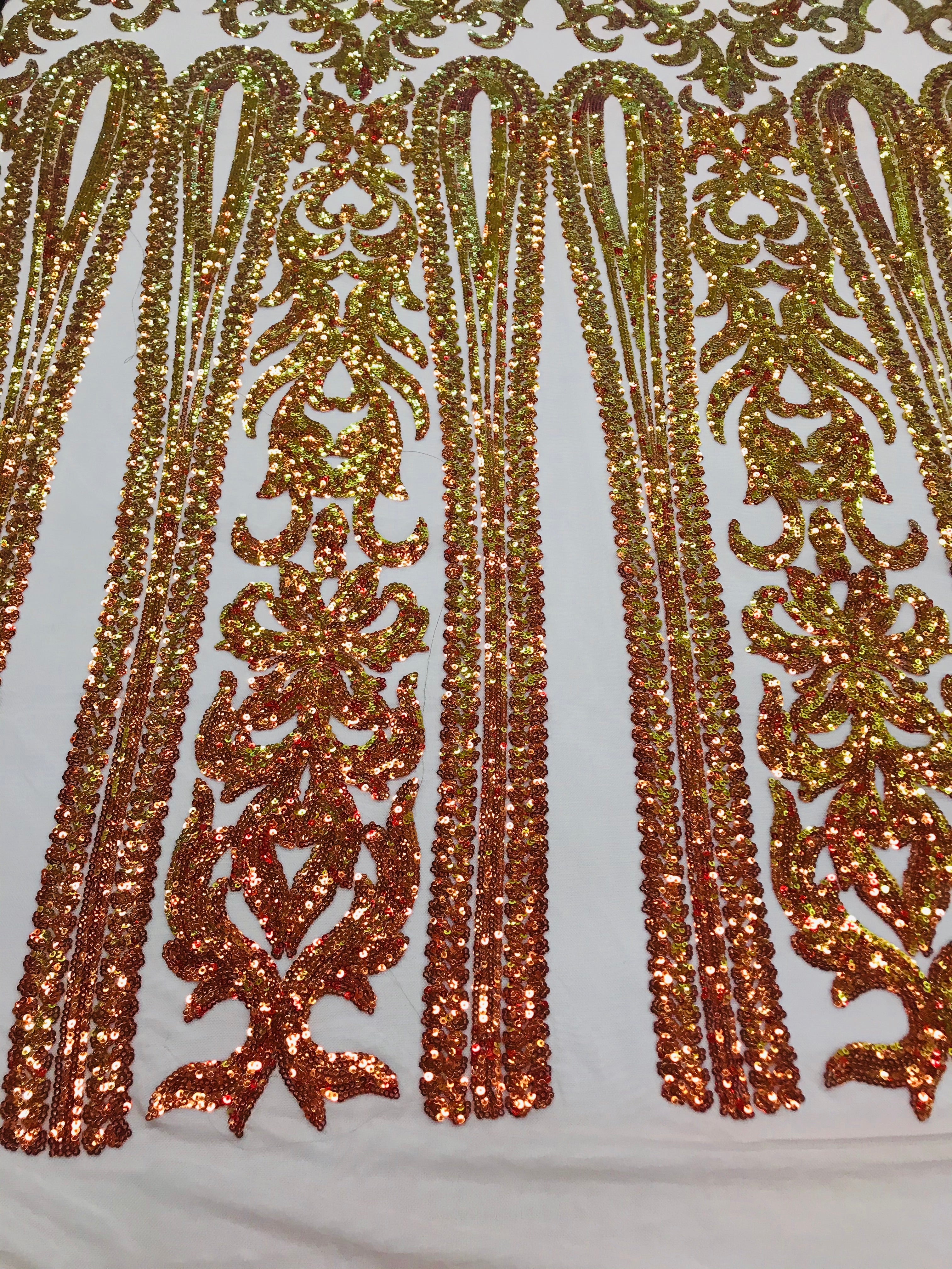 Damask Sequins - Yellow - 4 Way Stretch Damask Sequins Fashion Design By Yard