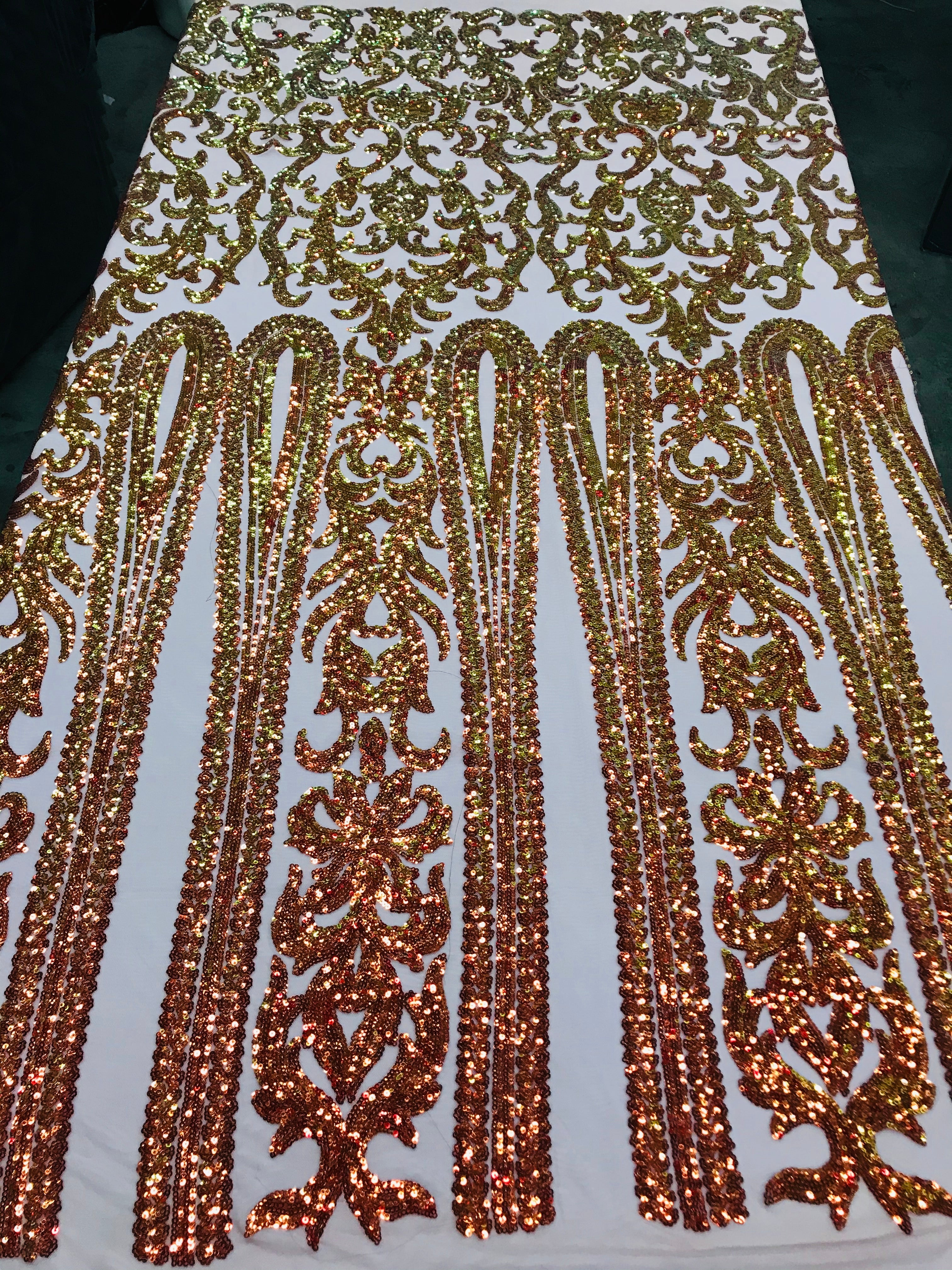 Damask Sequins - Yellow - 4 Way Stretch Damask Sequins Fashion Design By Yard