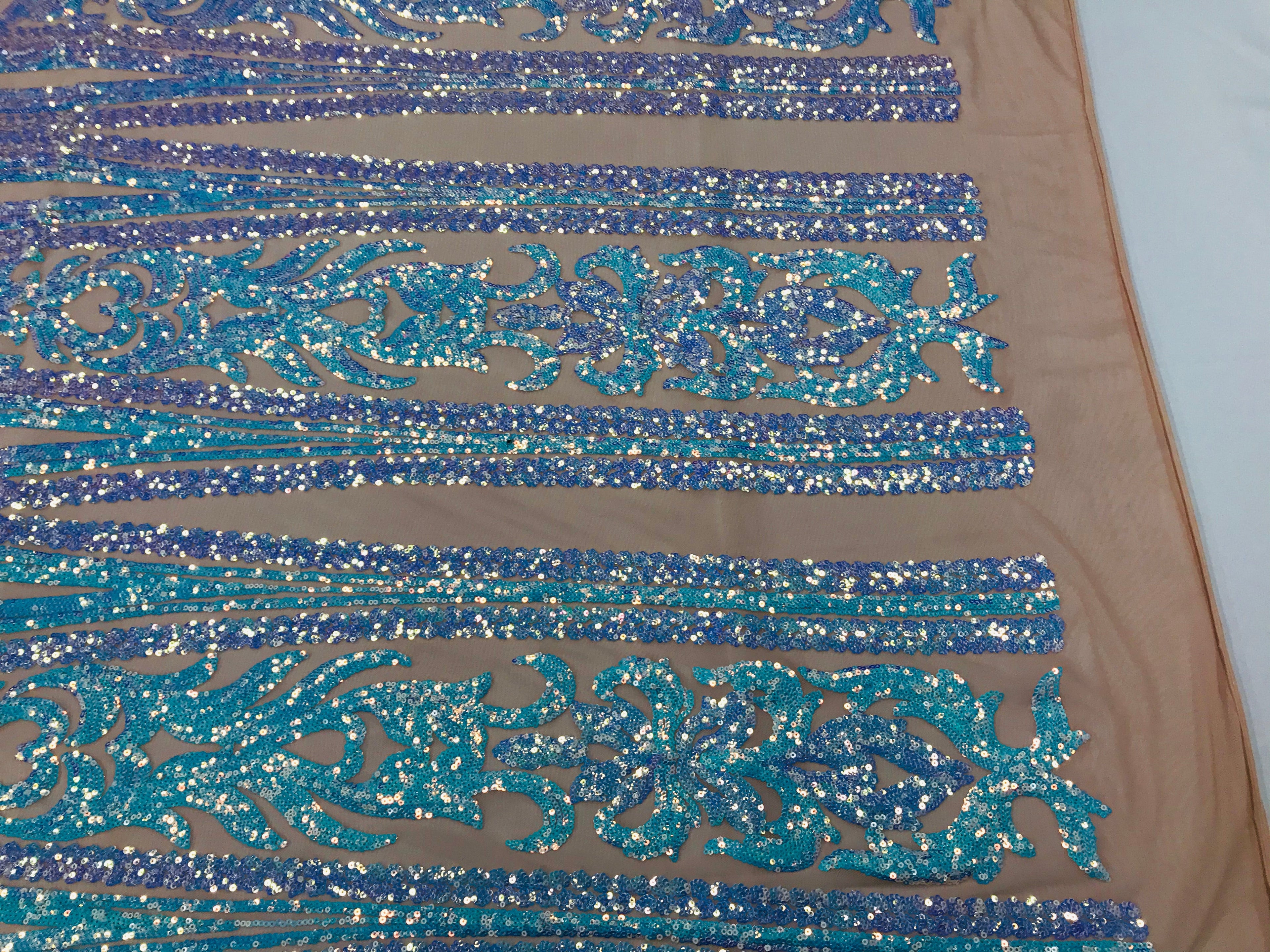 Damask Sequins - Aqua - 4 Way Stretch Damask Sequins Fashion Design By Yard