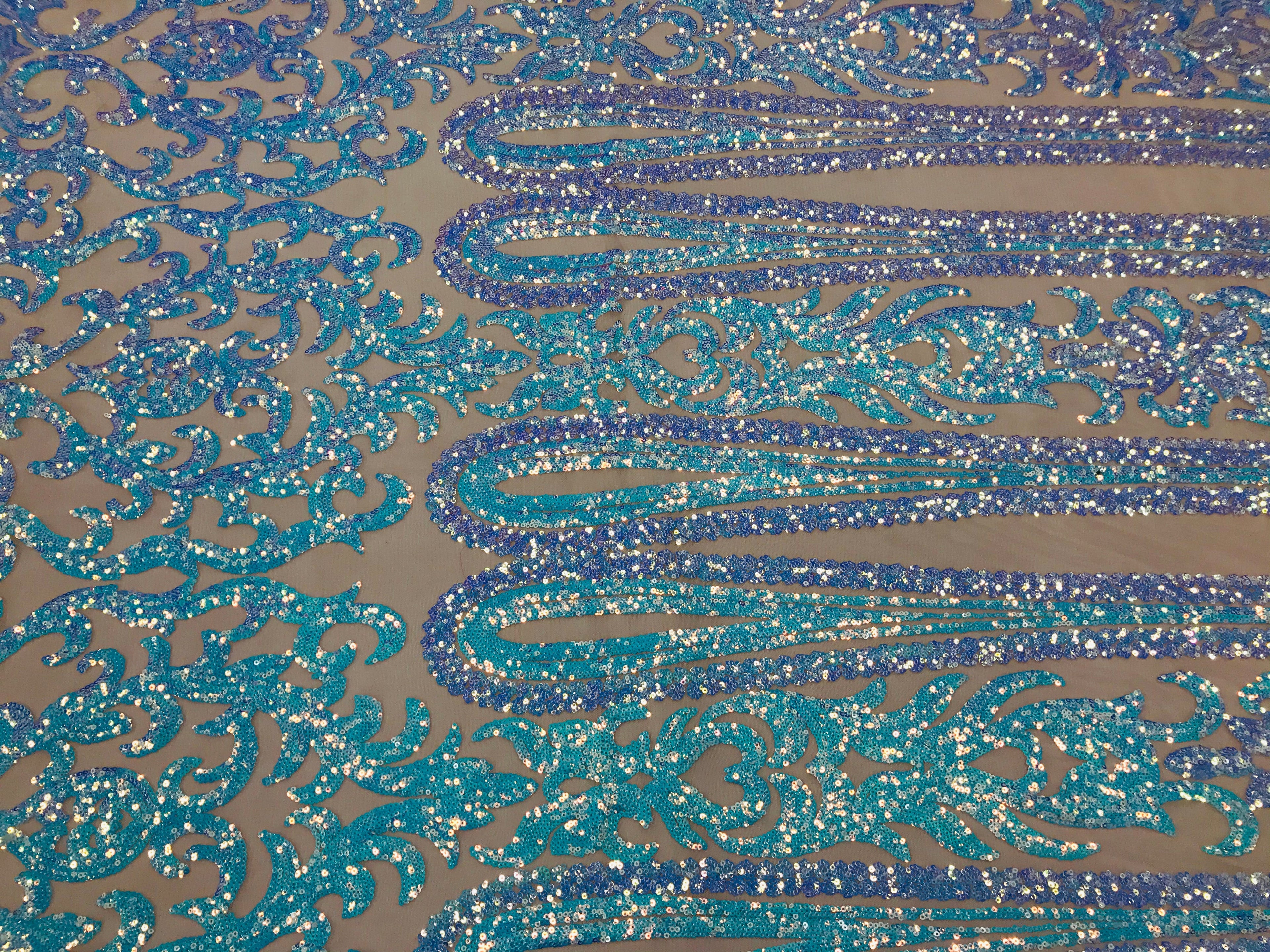 Damask Sequins - Aqua - 4 Way Stretch Damask Sequins Fashion Design By Yard