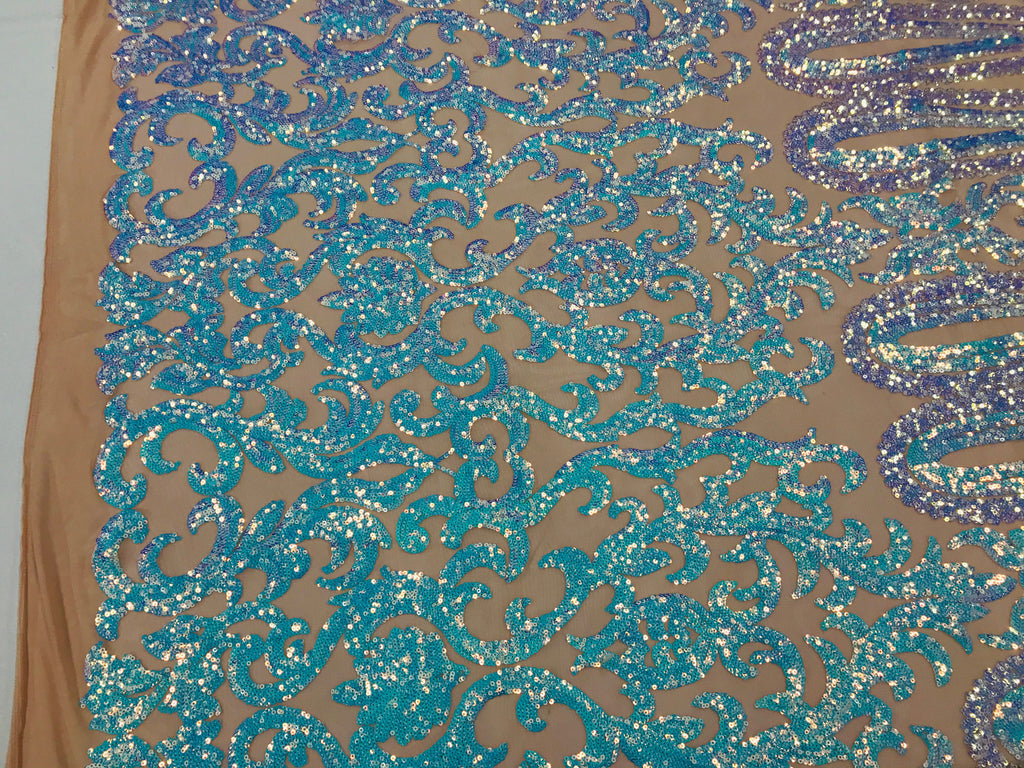 Damask Sequins - Aqua - 4 Way Stretch Damask Sequins Fashion Design By Yard