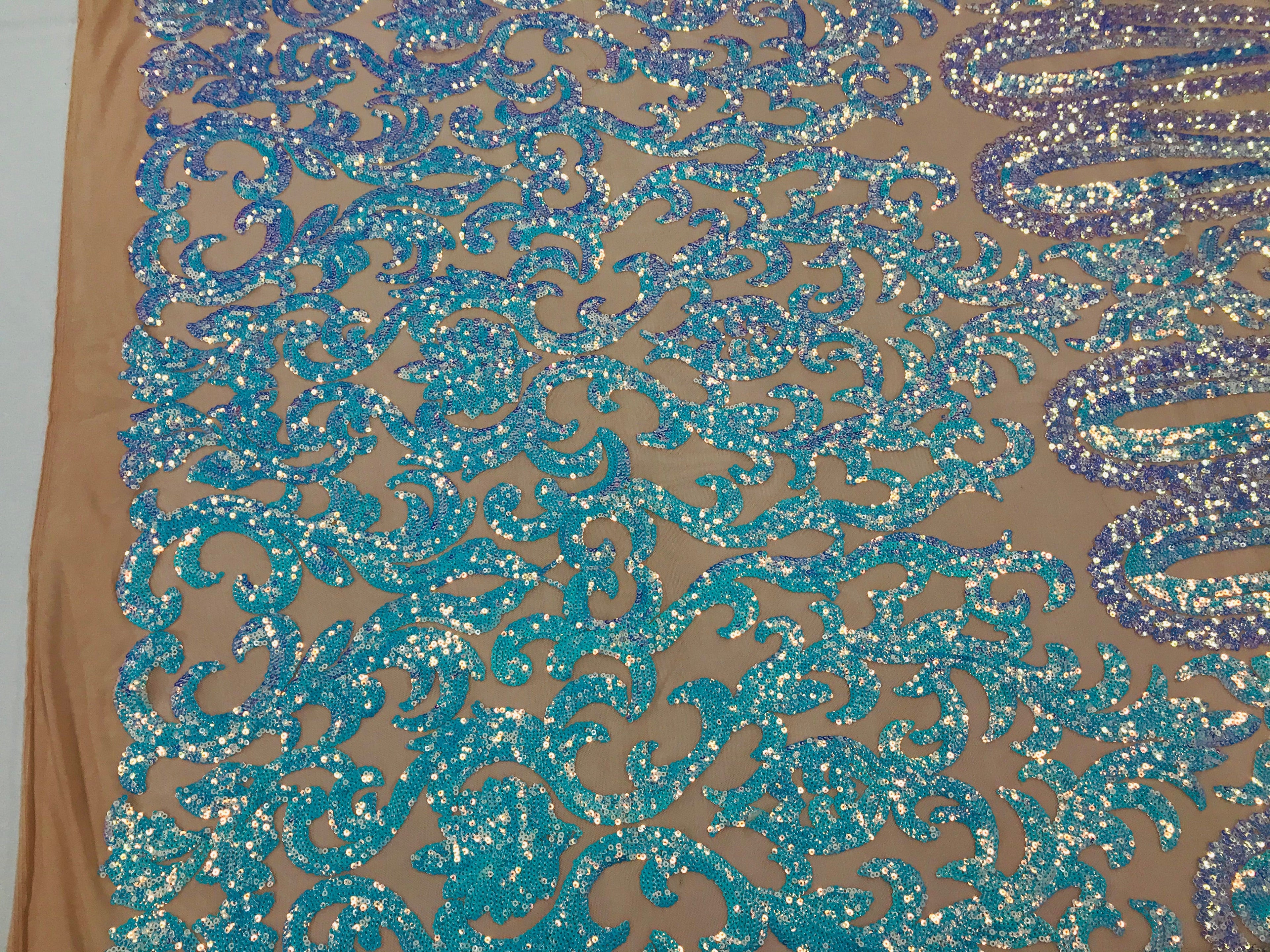 Damask Sequins - Aqua - 4 Way Stretch Damask Sequins Fashion Design By Yard