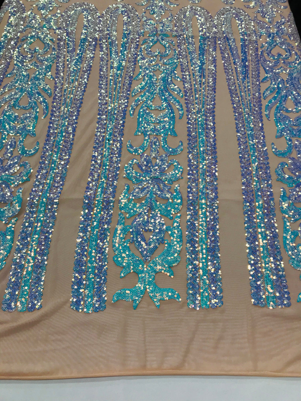 Damask Sequins - Aqua - 4 Way Stretch Damask Sequins Fashion Design By Yard