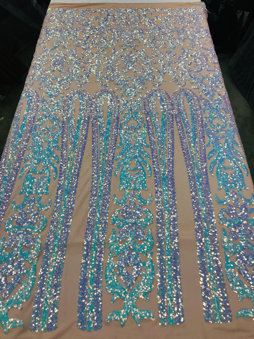 Damask Sequins - Aqua - 4 Way Stretch Damask Sequins Fashion Design By Yard
