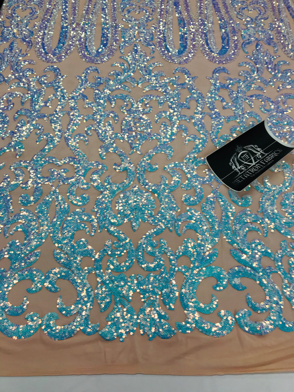 Damask Sequins - Aqua - 4 Way Stretch Damask Sequins Fashion Design By Yard