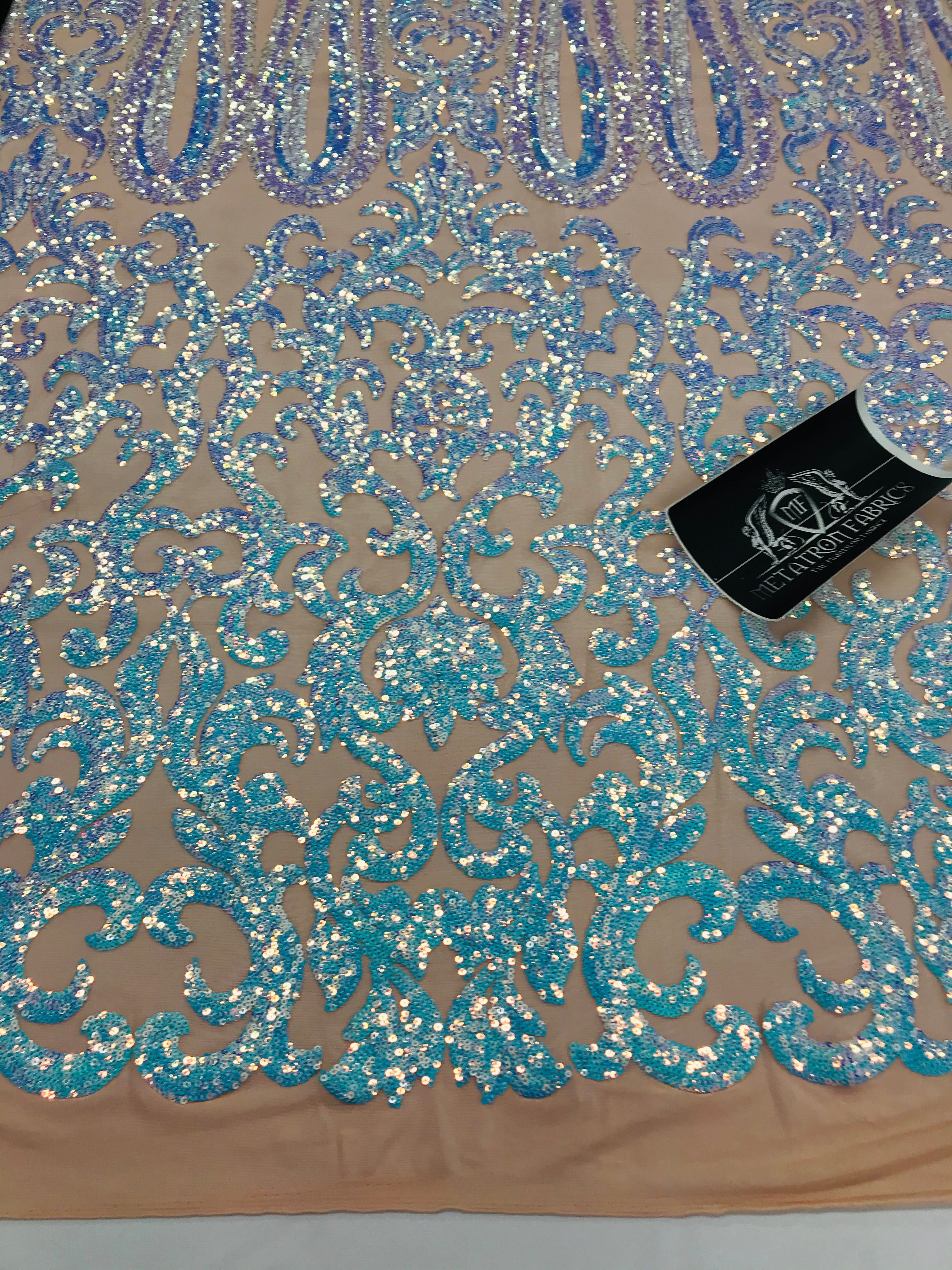 Damask Sequins - Aqua - 4 Way Stretch Damask Sequins Fashion Design By Yard