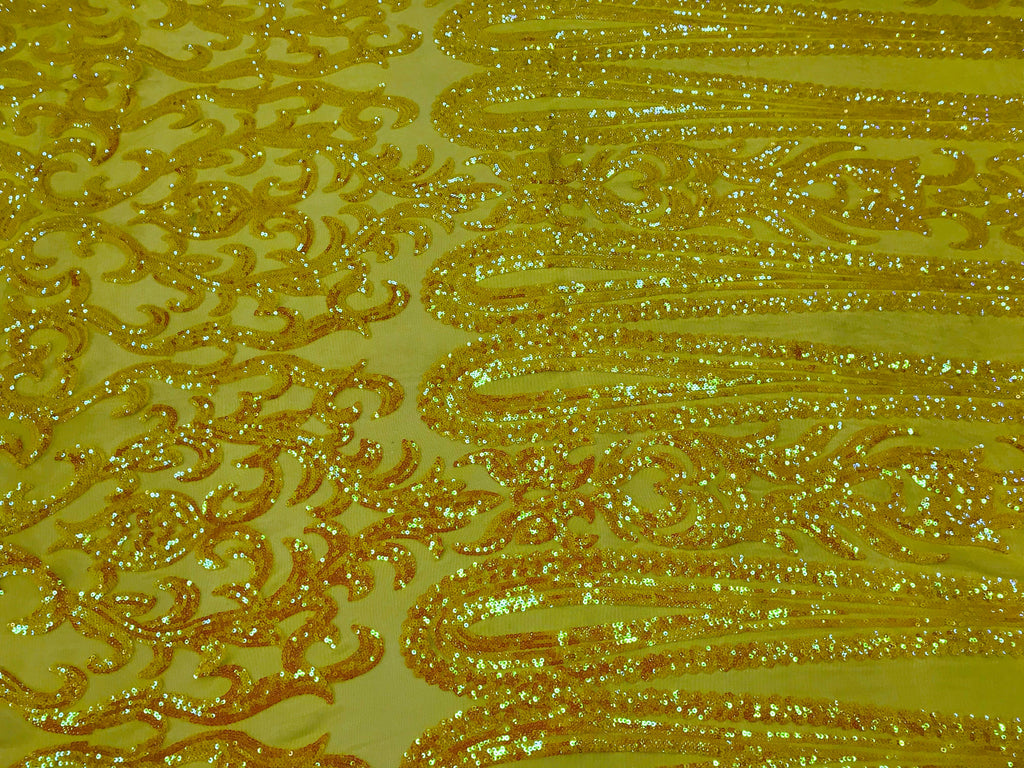 Damask Sequins - Yellow - 4 Way Stretch Damask Sequins Fashion Design By Yard