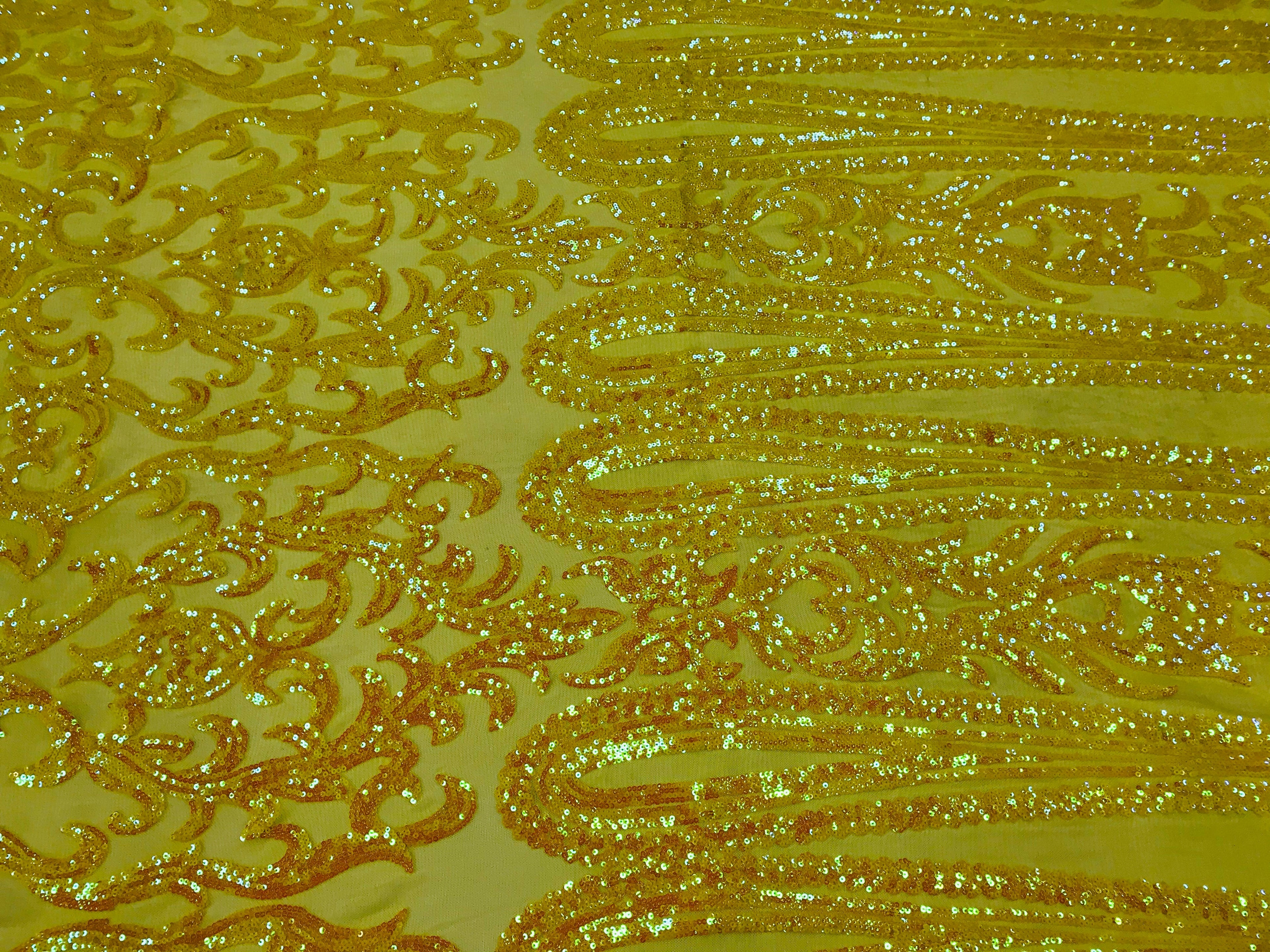 Damask Sequins - Yellow - 4 Way Stretch Damask Sequins Fashion Design By Yard
