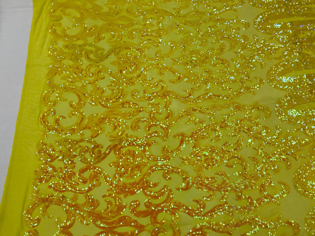 Damask Sequins - Yellow - 4 Way Stretch Damask Sequins Fashion Design By Yard