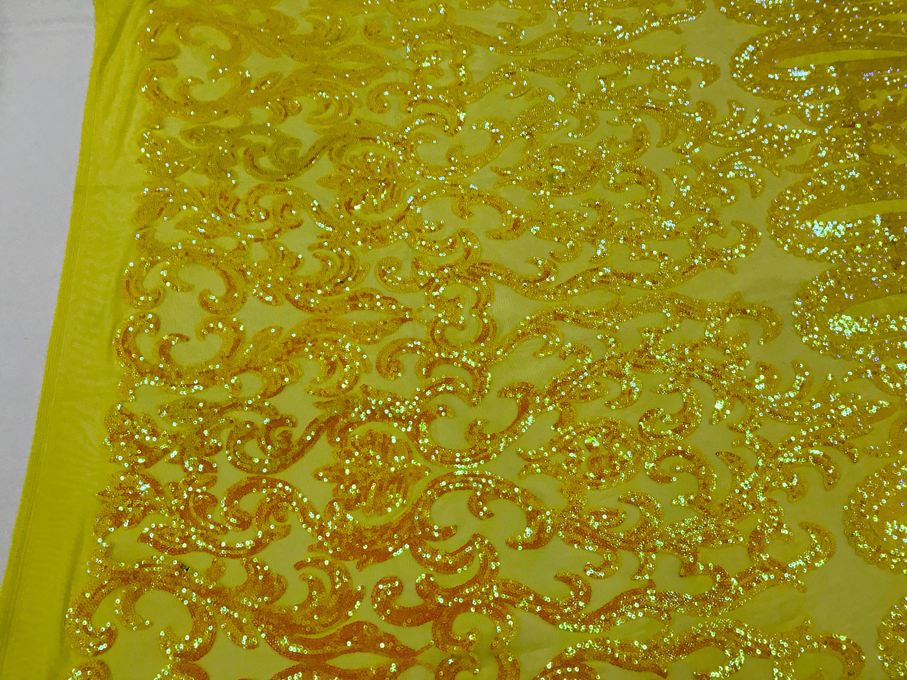 Damask Sequins - Yellow - 4 Way Stretch Damask Sequins Fashion Design By Yard
