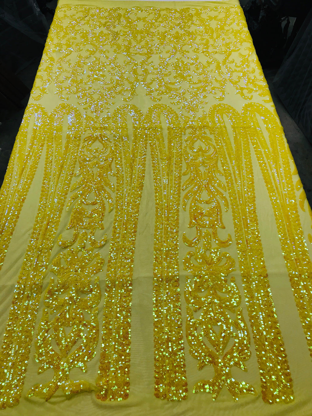 Damask Sequins - Yellow - 4 Way Stretch Damask Sequins Fashion Design By Yard
