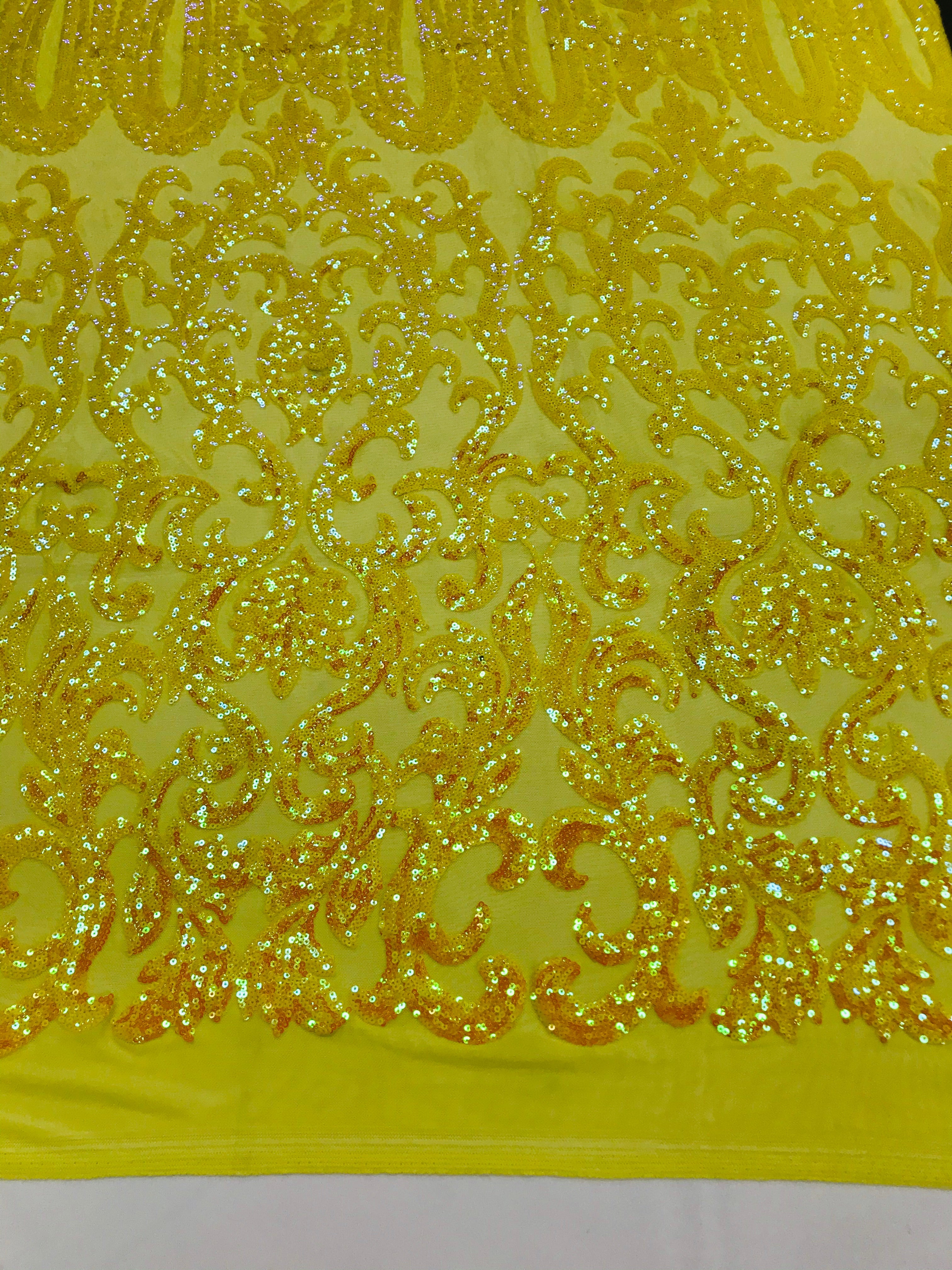 Damask Sequins - Yellow - 4 Way Stretch Damask Sequins Fashion Design By Yard