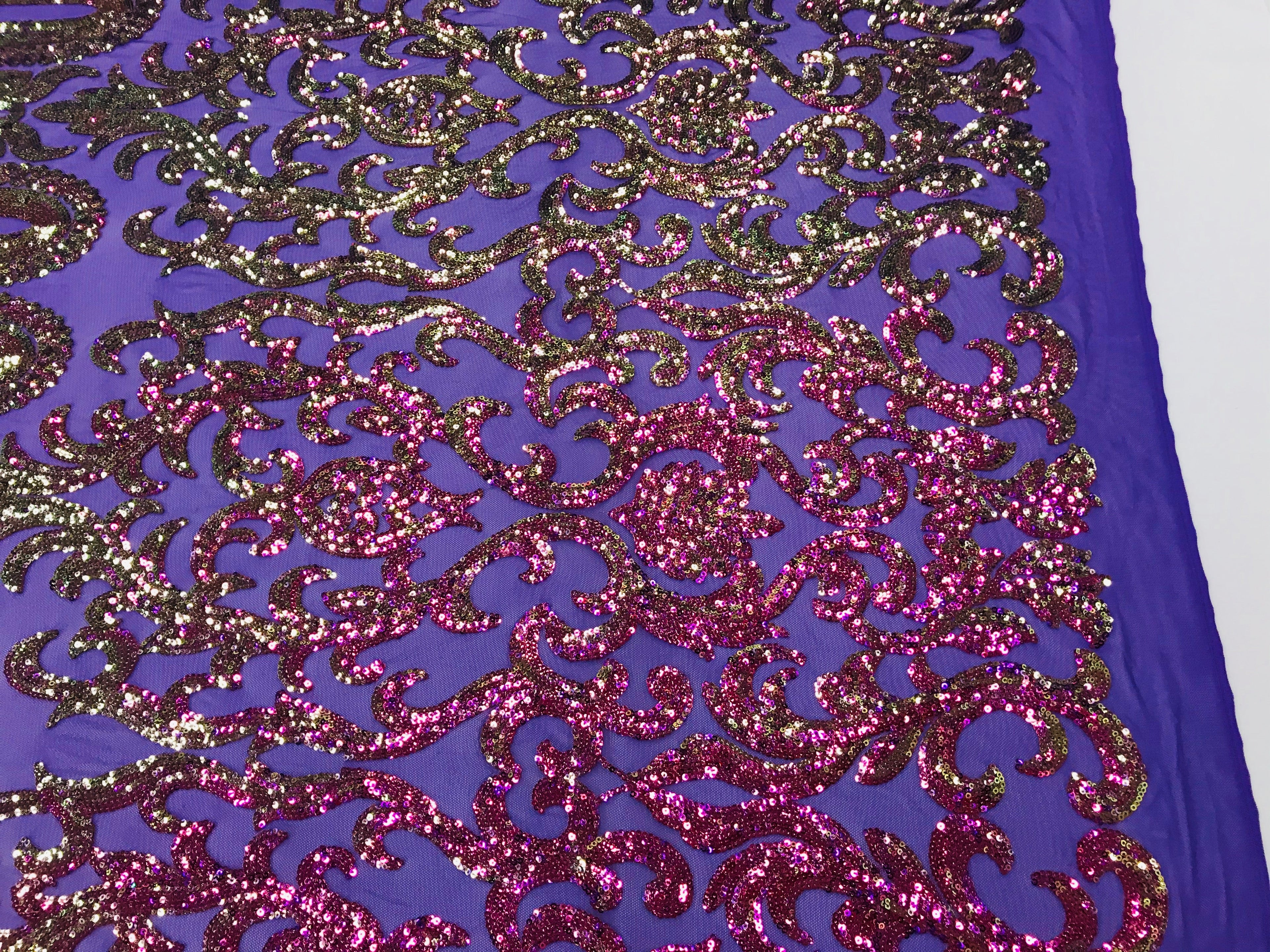 Damask Sequins - Magenta - 4 Way Stretch Damask Sequins Fashion Design By Yard