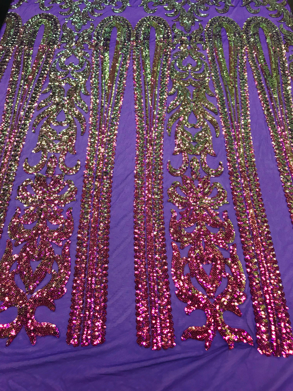 Damask Sequins - Magenta - 4 Way Stretch Damask Sequins Fashion Design By Yard
