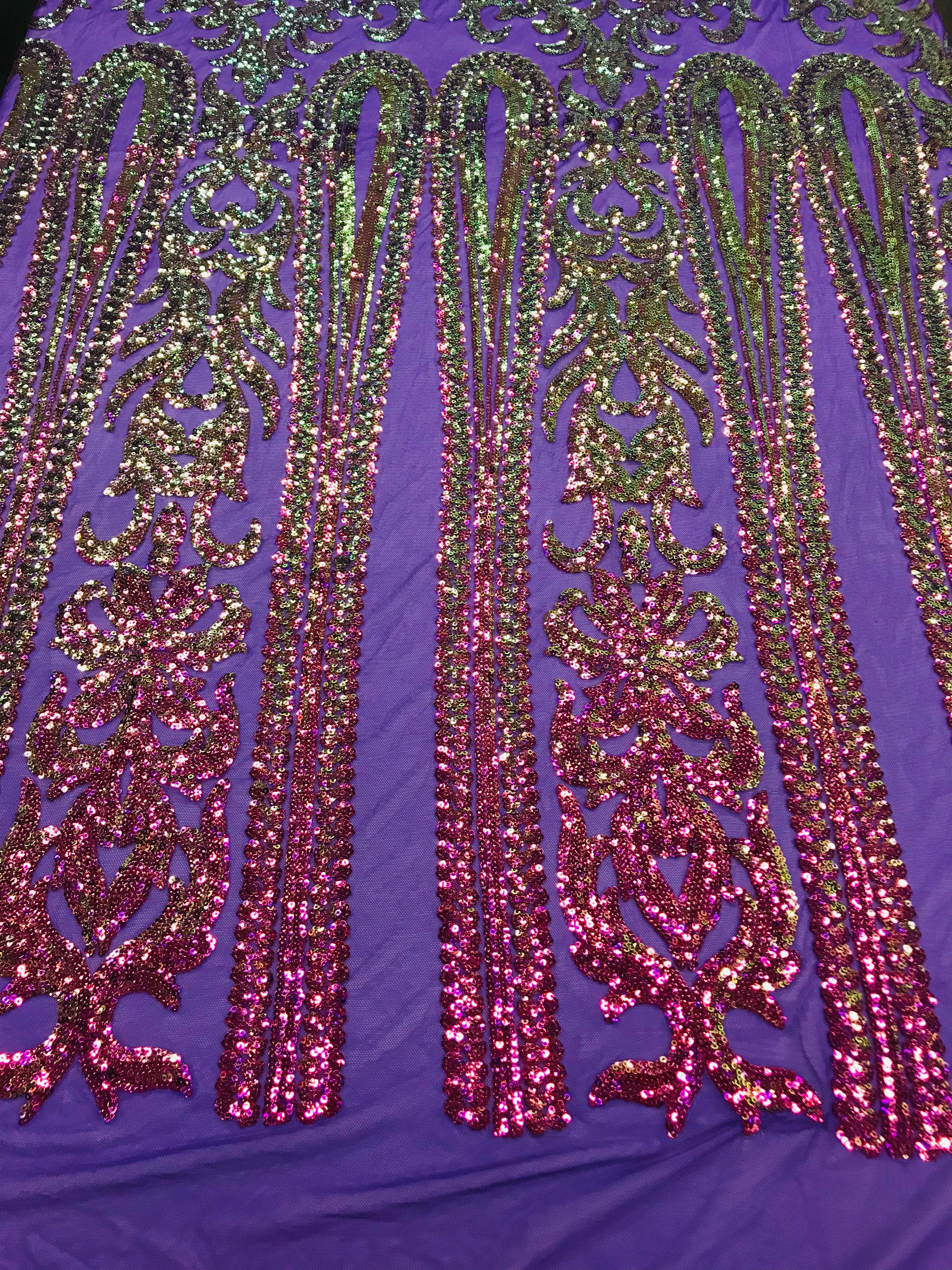 Damask Sequins - Magenta - 4 Way Stretch Damask Sequins Fashion Design By Yard