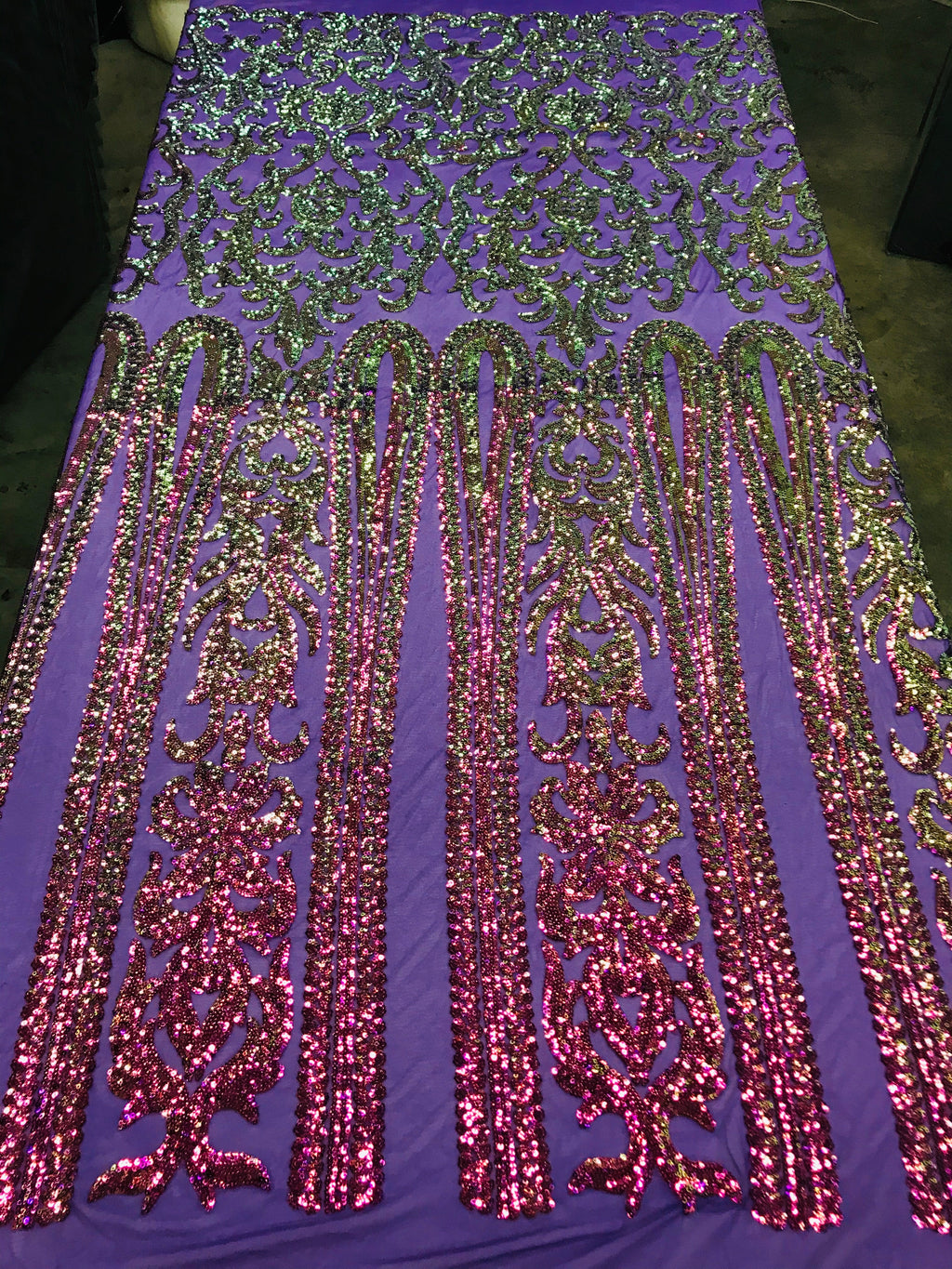 Damask Sequins - Magenta - 4 Way Stretch Damask Sequins Fashion Design By Yard