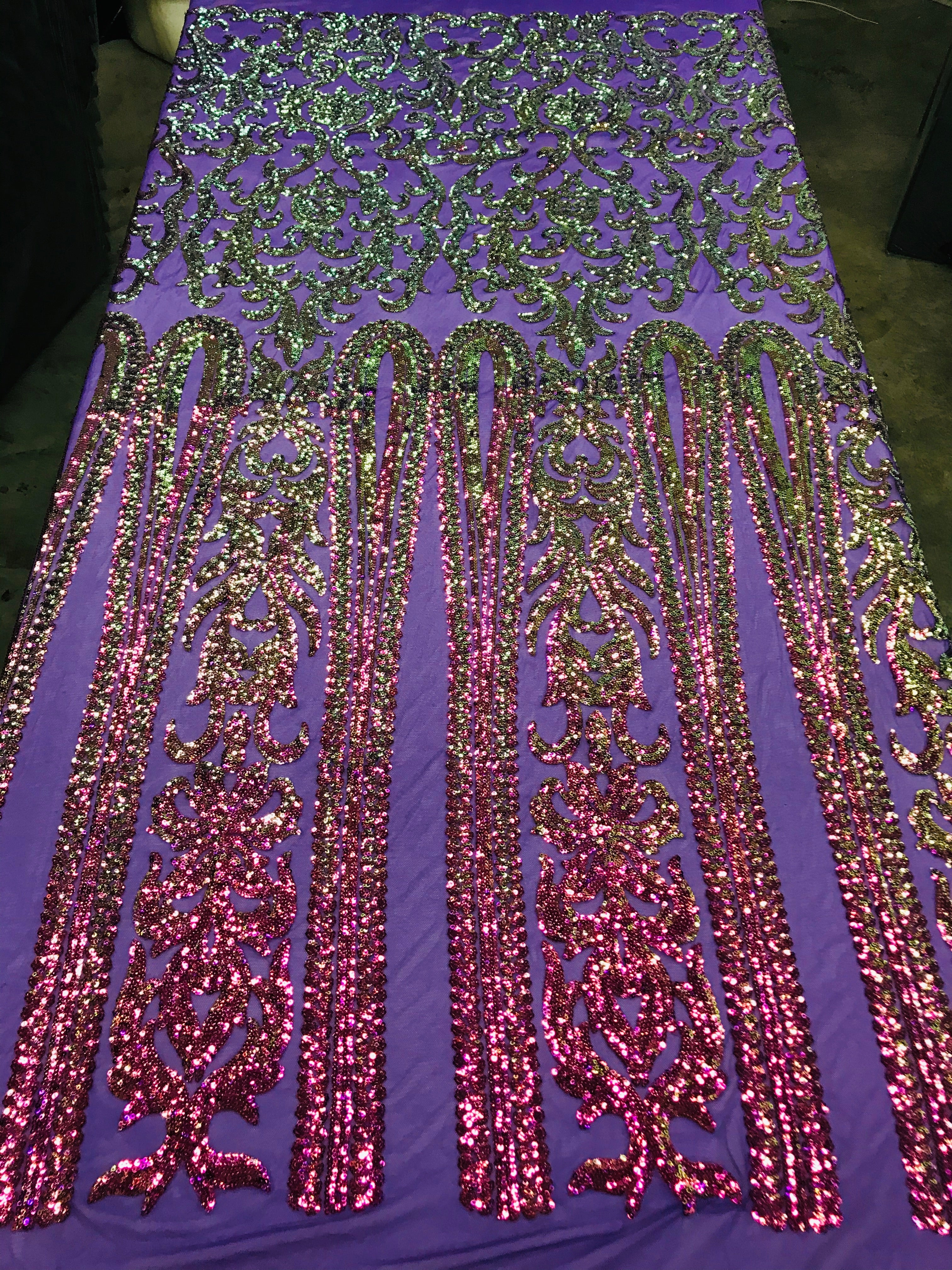 Damask Sequins - Magenta - 4 Way Stretch Damask Sequins Fashion Design By Yard