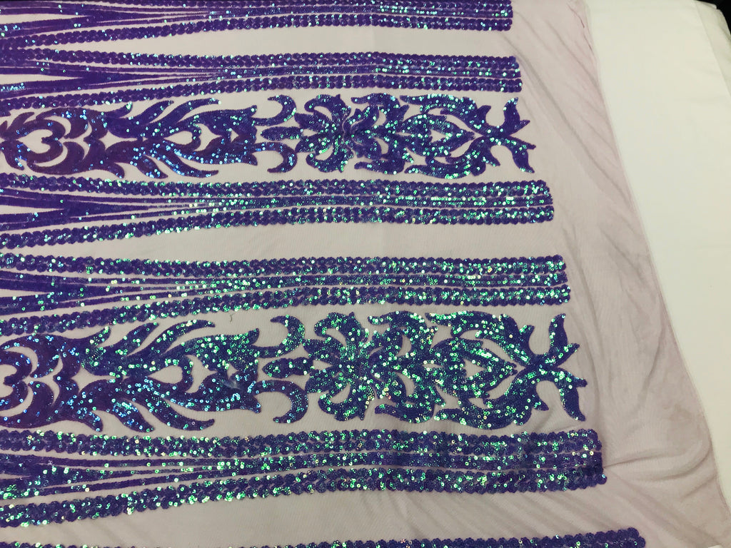 Damask Sequins - Lilac / Aqua - 4 Way Stretch Damask Sequins Fashion Design By Yard