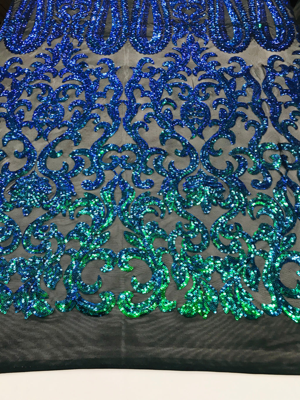 Damask Sequins - Jade Green / Blue - 4 Way Stretch Damask Sequins Fashion Design By Yard