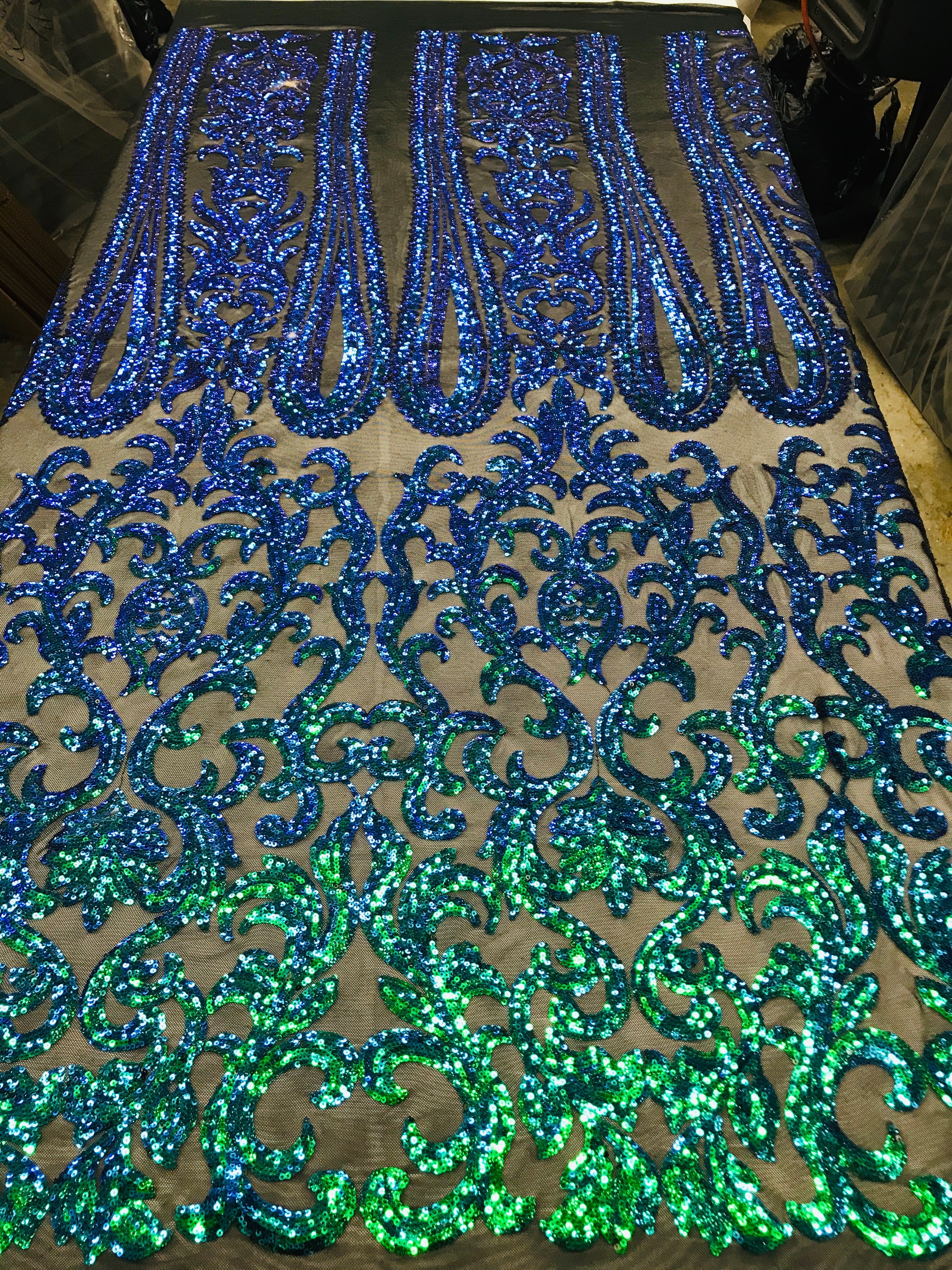 Damask Sequins - Jade Green / Blue - 4 Way Stretch Damask Sequins Fashion Design By Yard