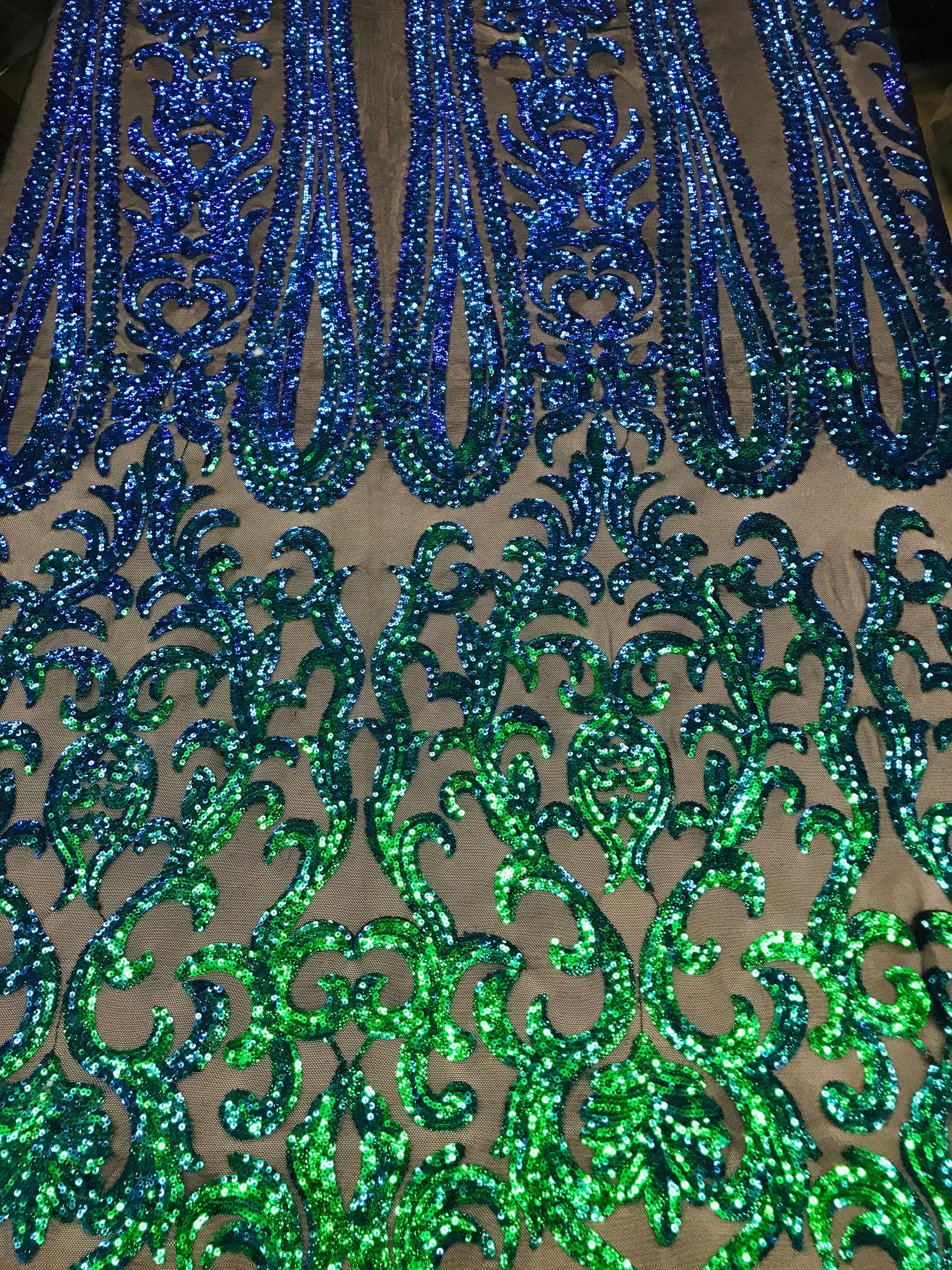 Damask Sequins - Jade Green / Blue - 4 Way Stretch Damask Sequins Fashion Design By Yard