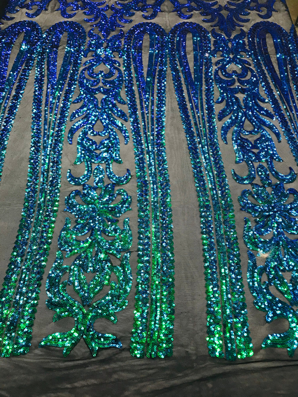 Damask Sequins - Jade Green / Blue - 4 Way Stretch Damask Sequins Fashion Design By Yard