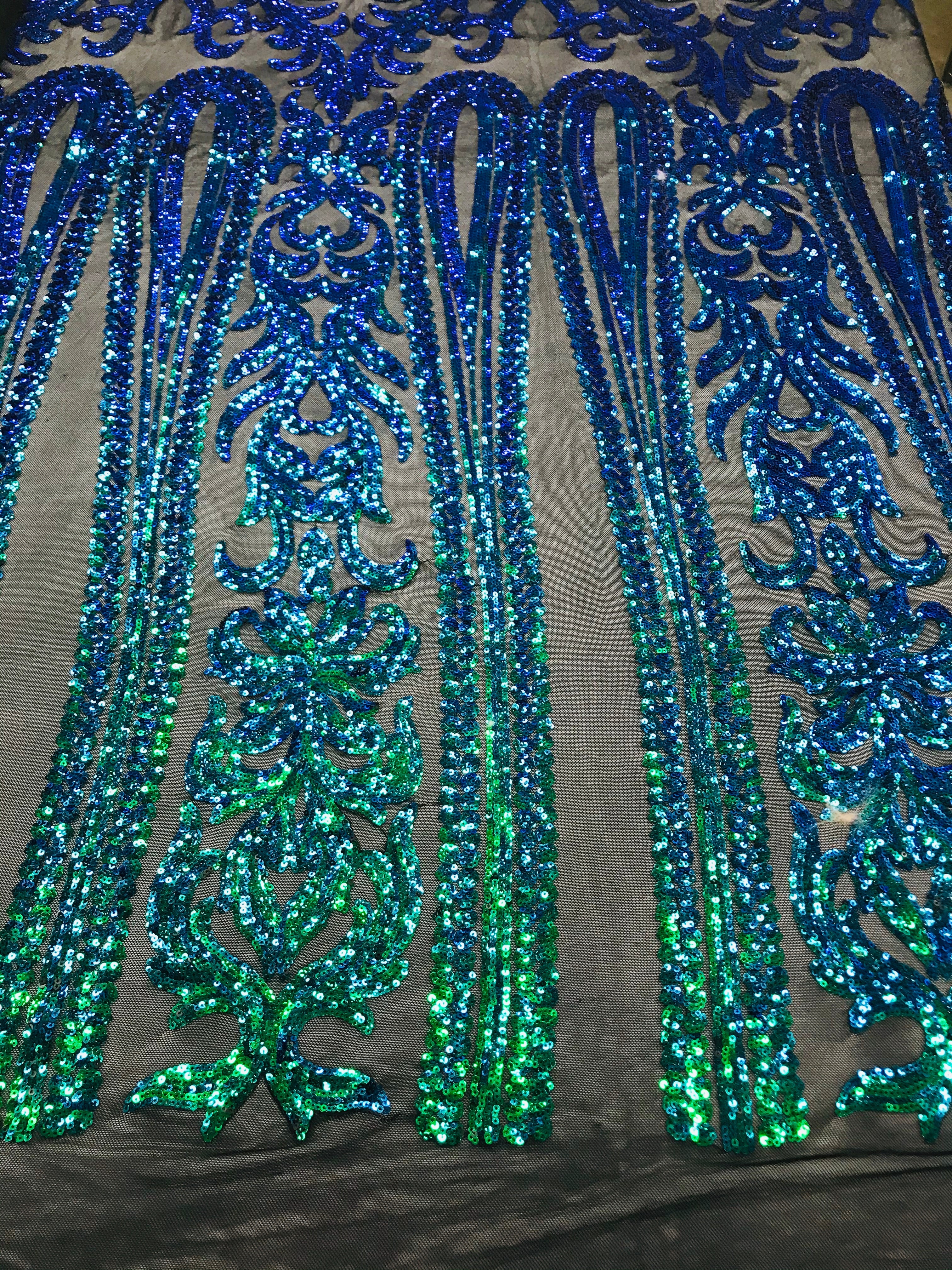 Damask Sequins - Jade Green / Blue - 4 Way Stretch Damask Sequins Fashion Design By Yard