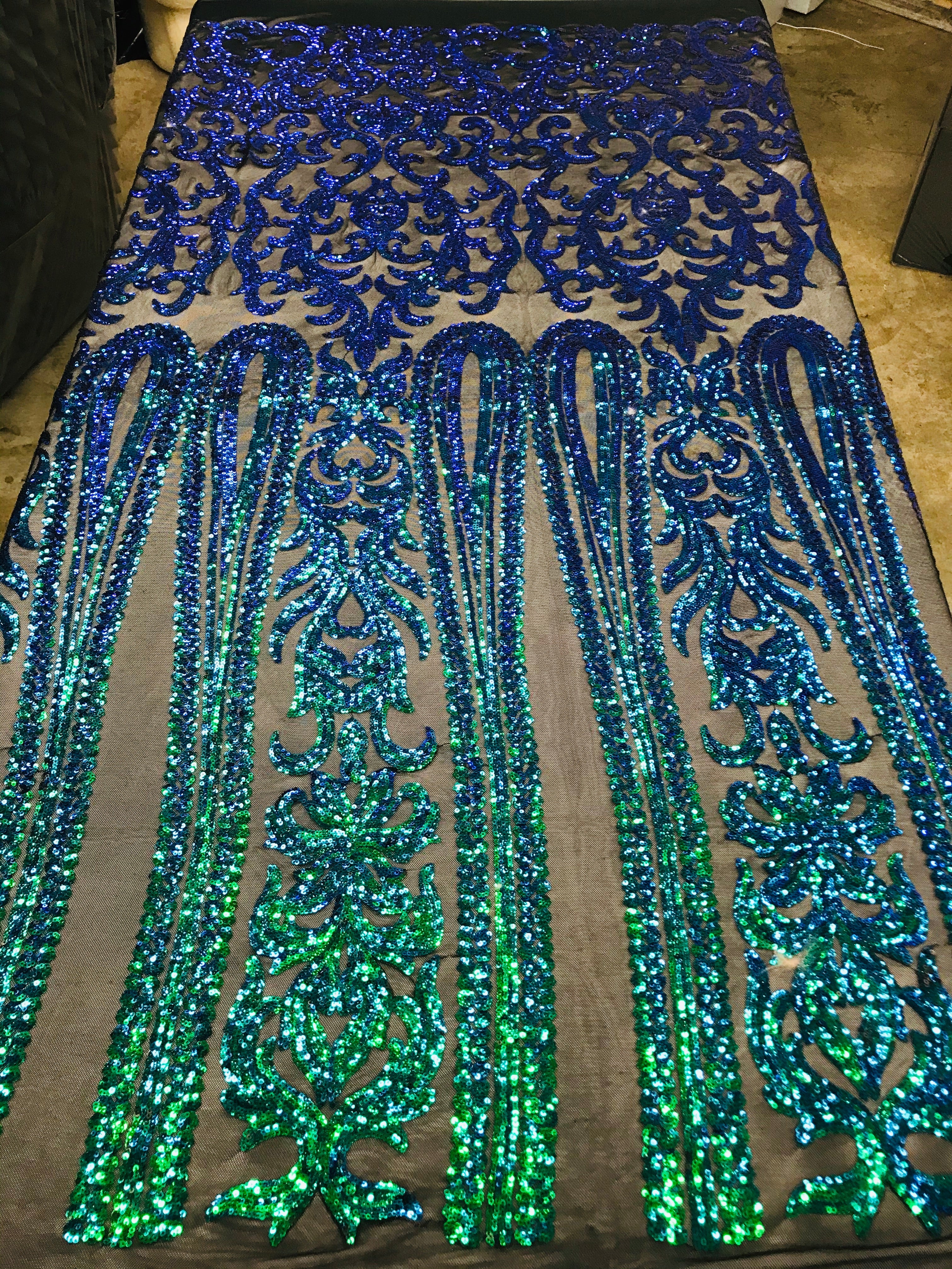 Damask Sequins - Jade Green / Blue - 4 Way Stretch Damask Sequins Fashion Design By Yard