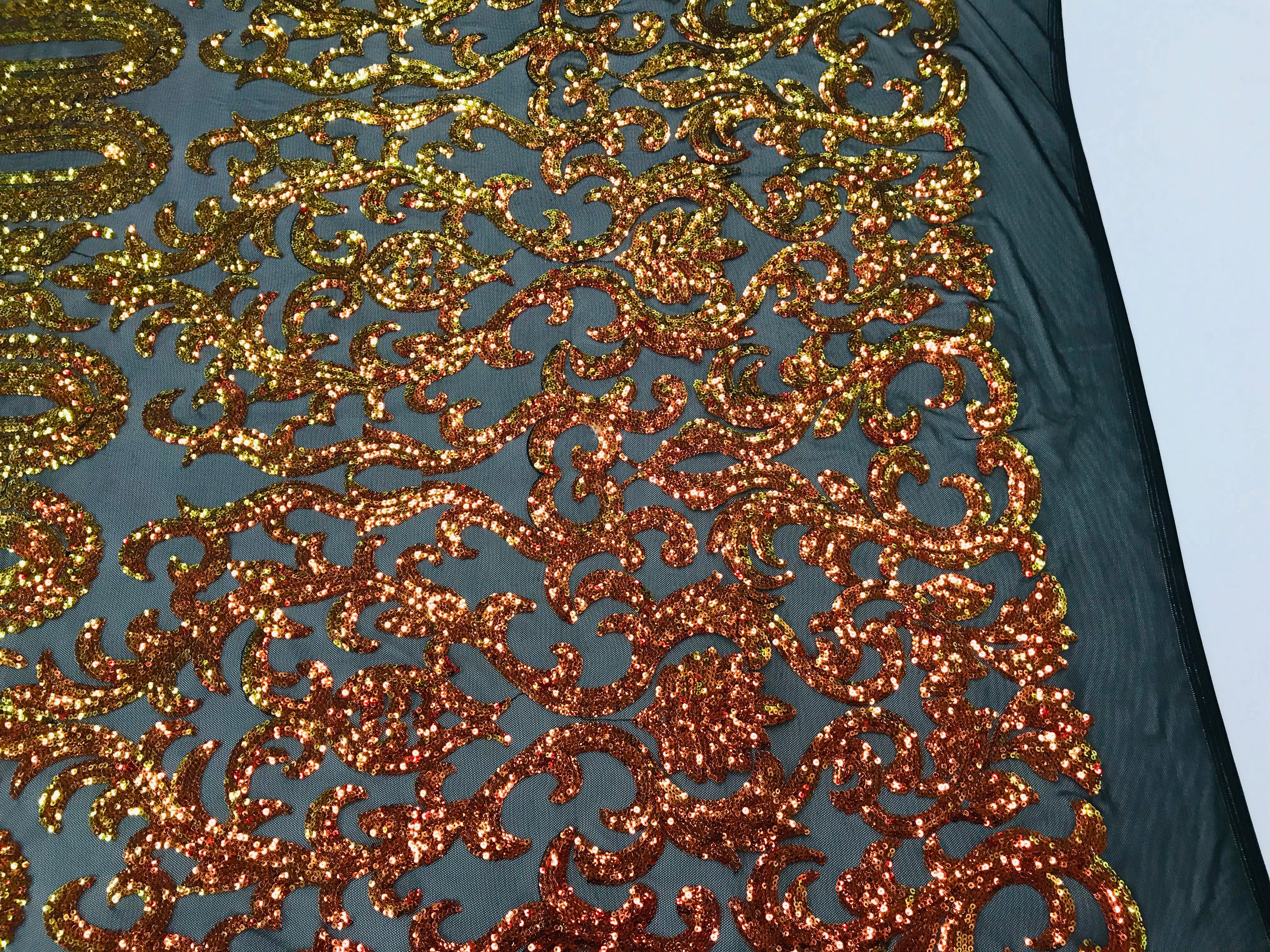 Damask Sequins - Orange Black Mesh - 4 Way Stretch Damask Sequins Fashion Design By Yard