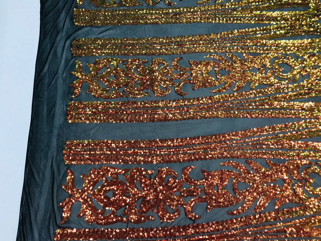 Damask Sequins - Orange Black Mesh - 4 Way Stretch Damask Sequins Fashion Design By Yard