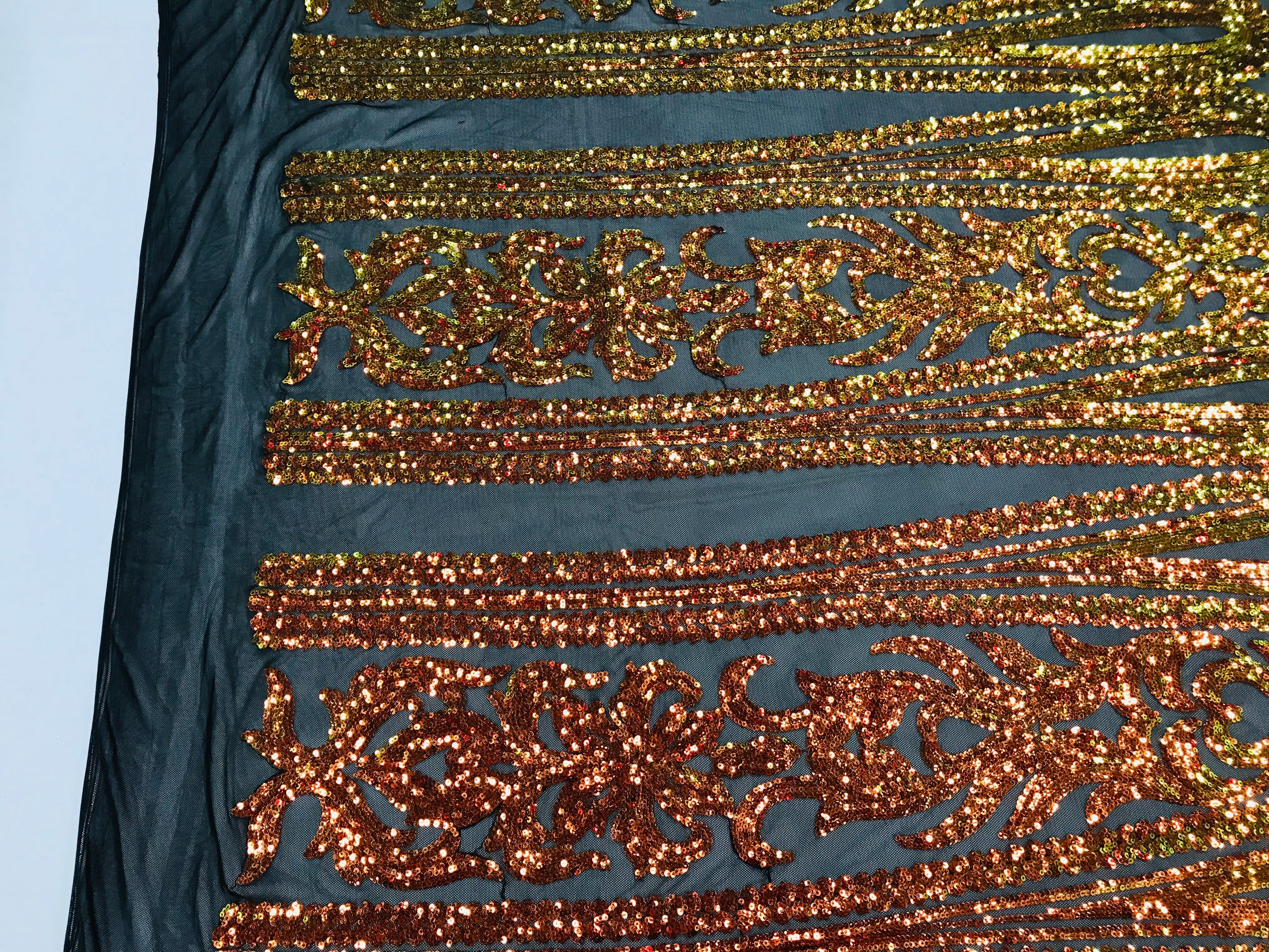 Damask Sequins - Orange Black Mesh - 4 Way Stretch Damask Sequins Fashion Design By Yard