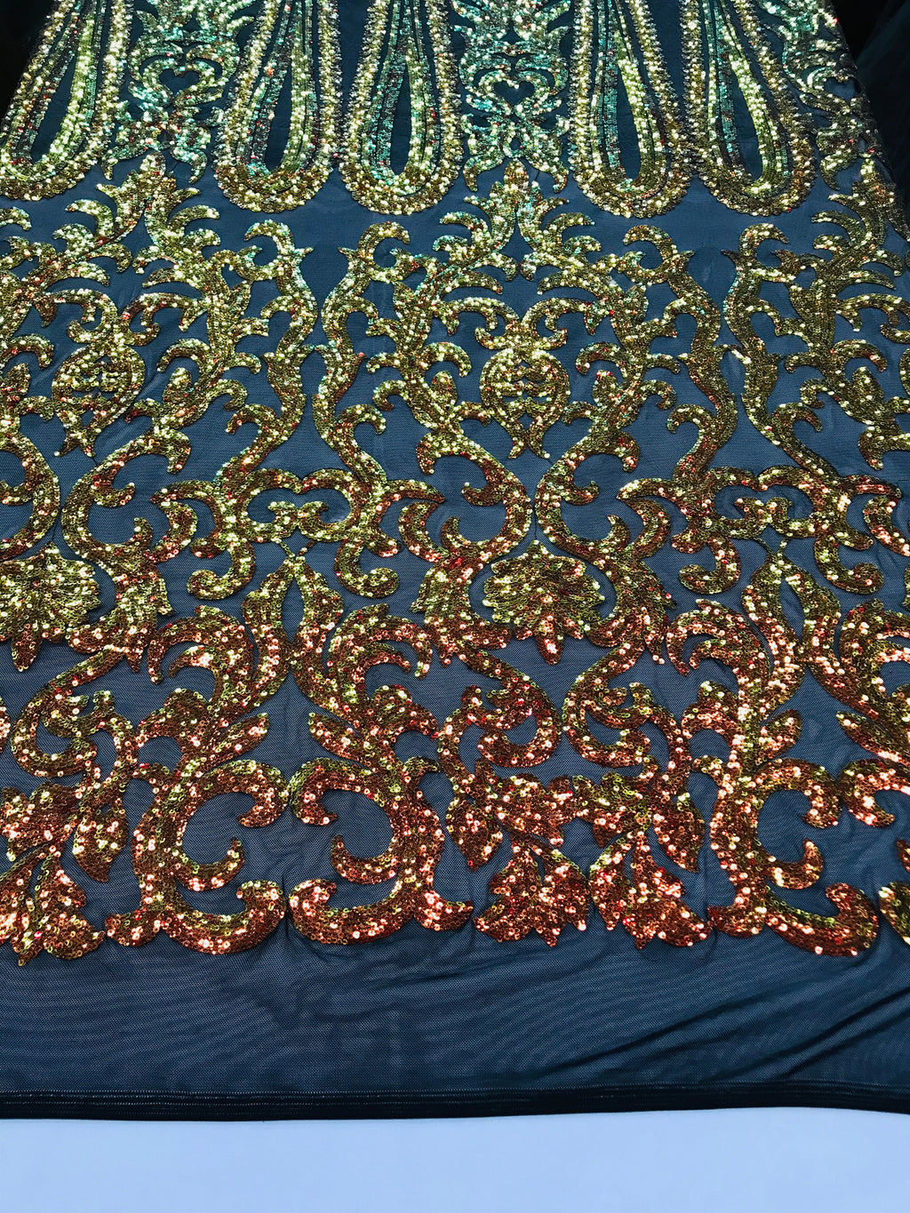 Damask Sequins - Orange Black Mesh - 4 Way Stretch Damask Sequins Fashion Design By Yard