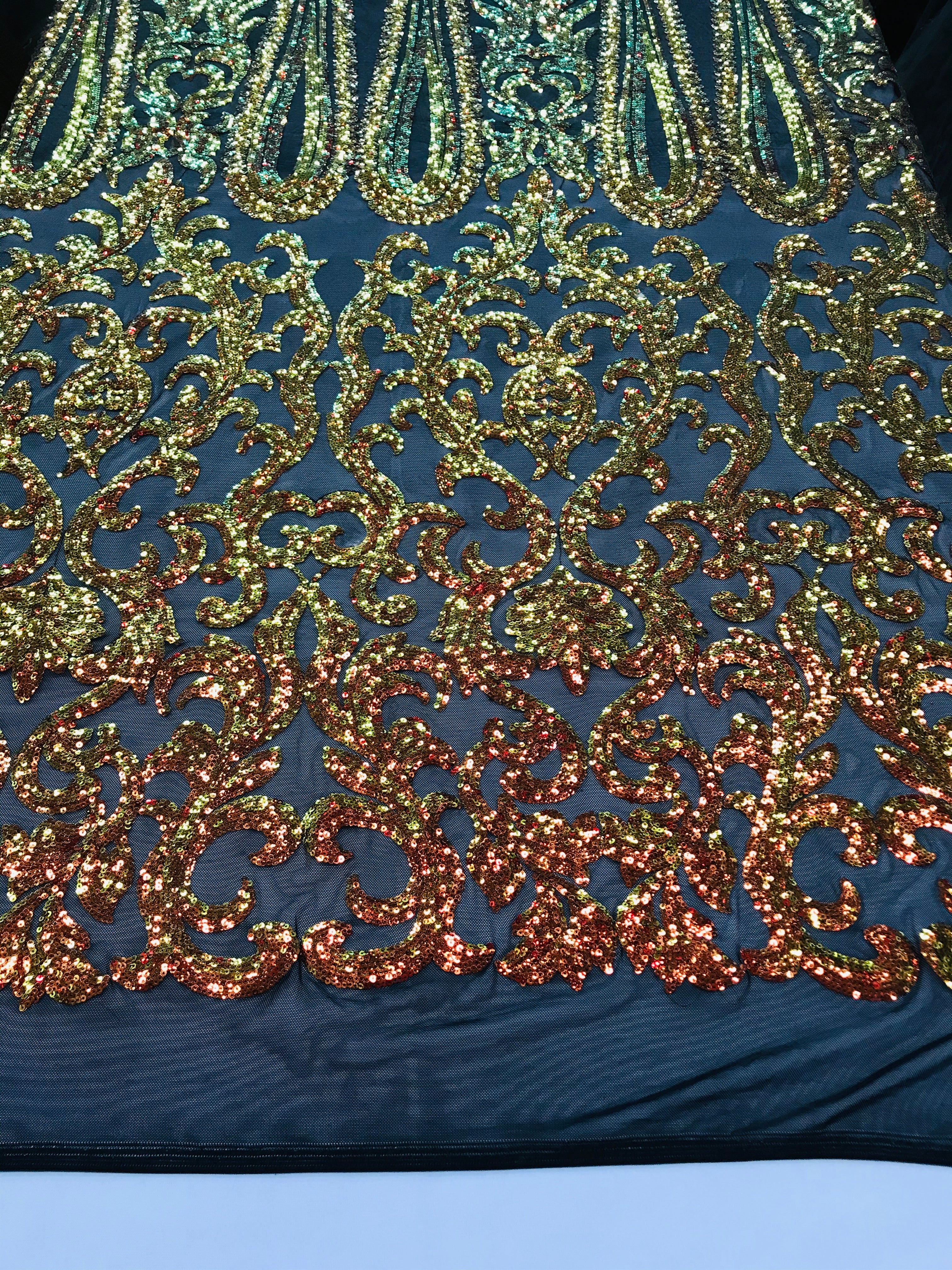 Damask Sequins - Orange Black Mesh - 4 Way Stretch Damask Sequins Fashion Design By Yard