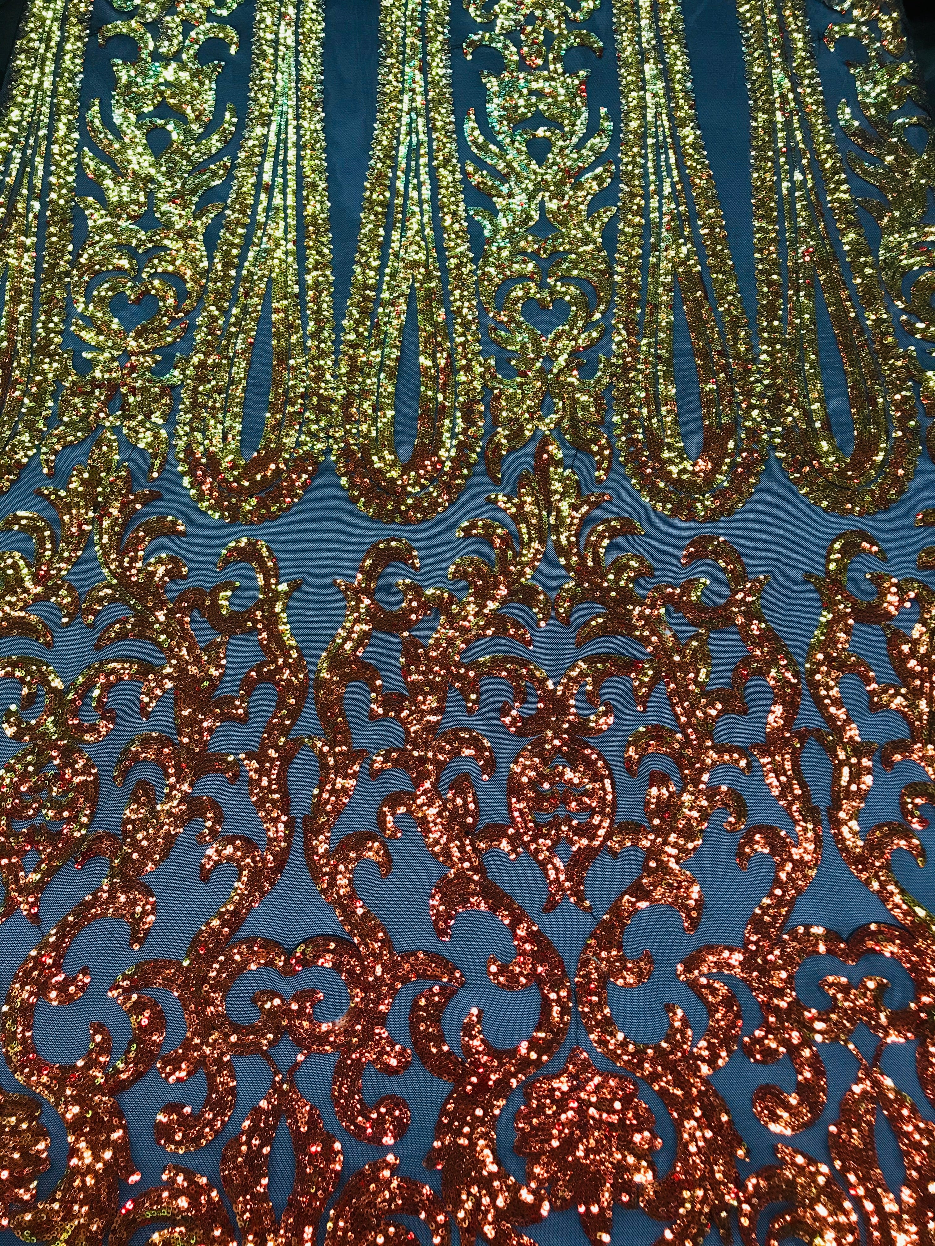 Damask Sequins - Orange Black Mesh - 4 Way Stretch Damask Sequins Fashion Design By Yard