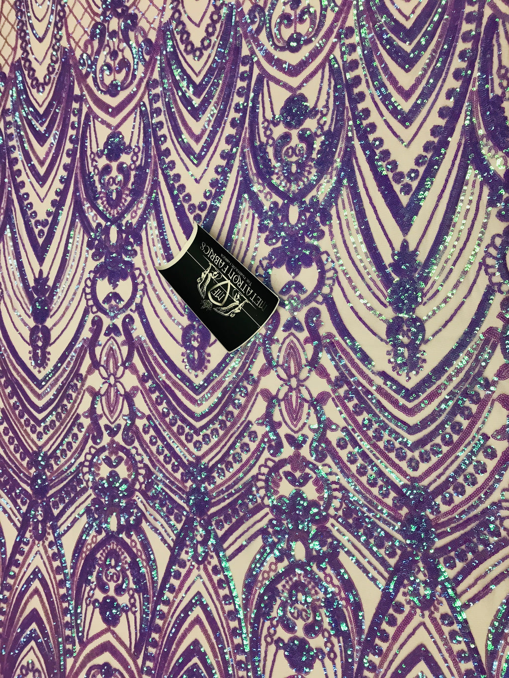 Fish Net Damask Sequins - Lilac / Aqua - 4 Way Stretch Shiny Fashion Sequins By Yard