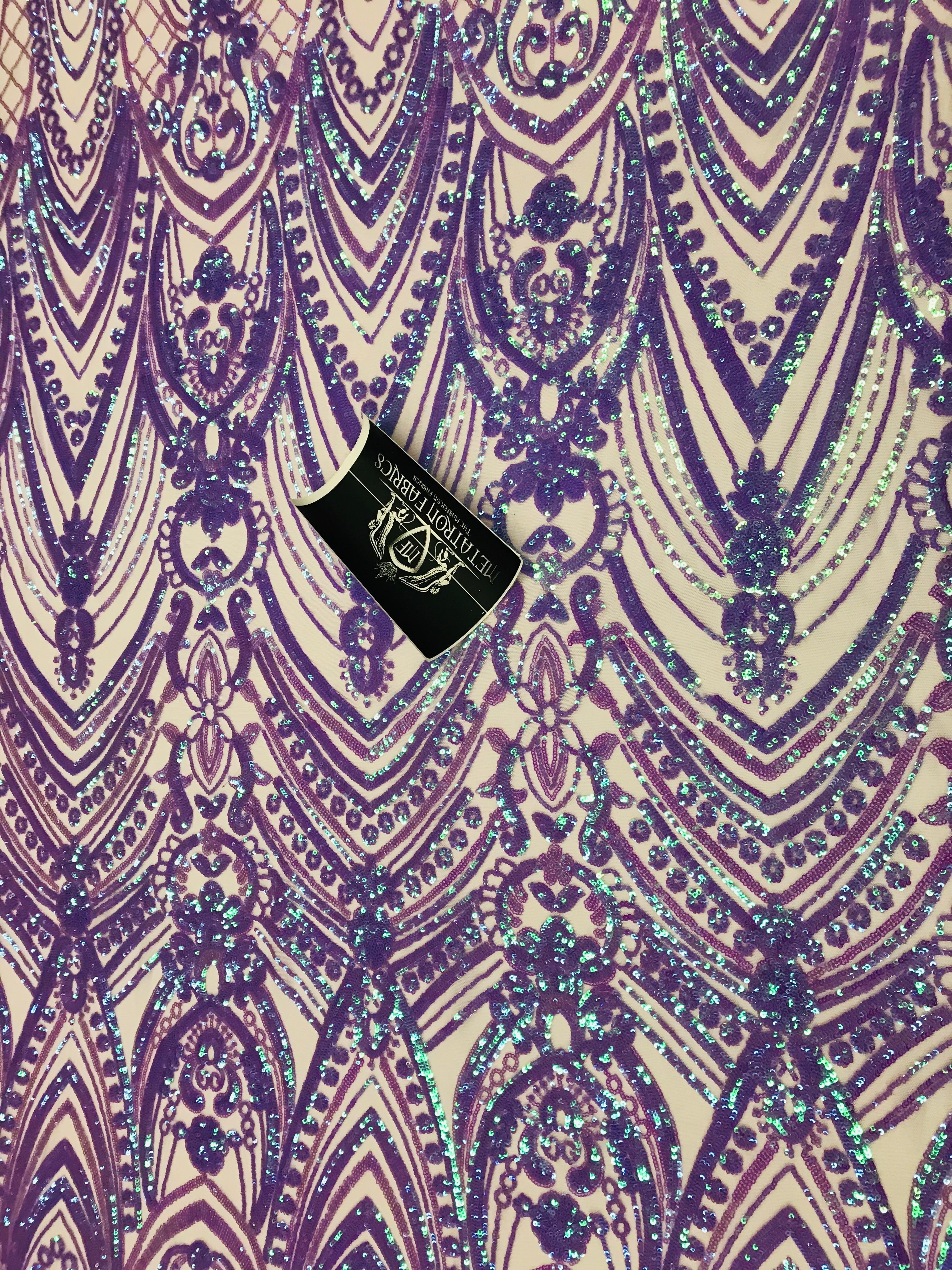 Fish Net Damask Sequins - Lilac / Aqua - 4 Way Stretch Shiny Fashion Sequins By Yard