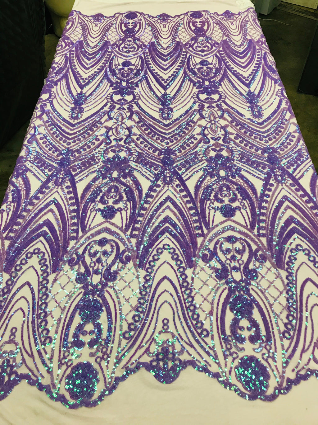 Fish Net Damask Sequins - Lilac / Aqua - 4 Way Stretch Shiny Fashion Sequins By Yard