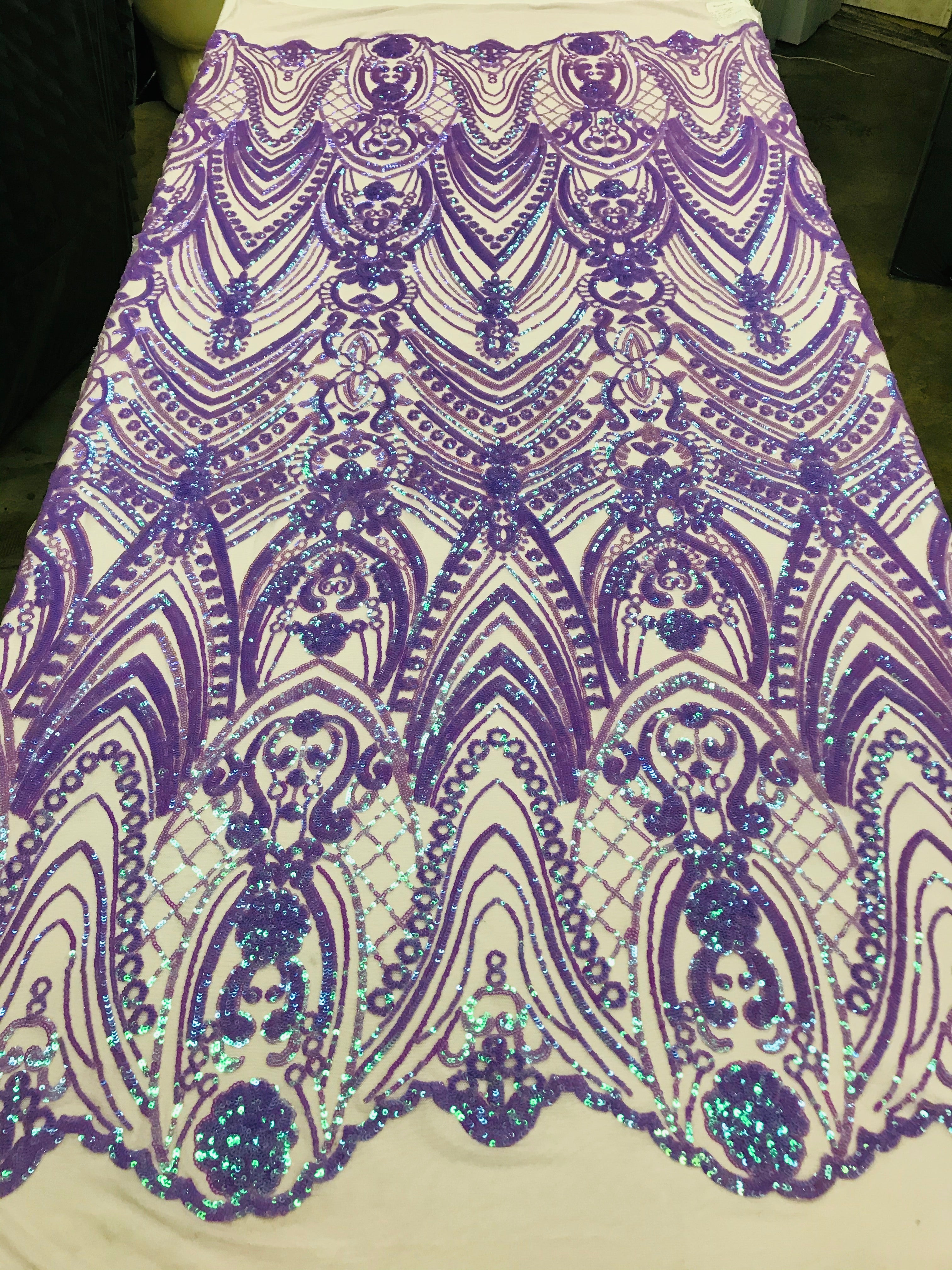 Fish Net Damask Sequins - Lilac / Aqua - 4 Way Stretch Shiny Fashion Sequins By Yard