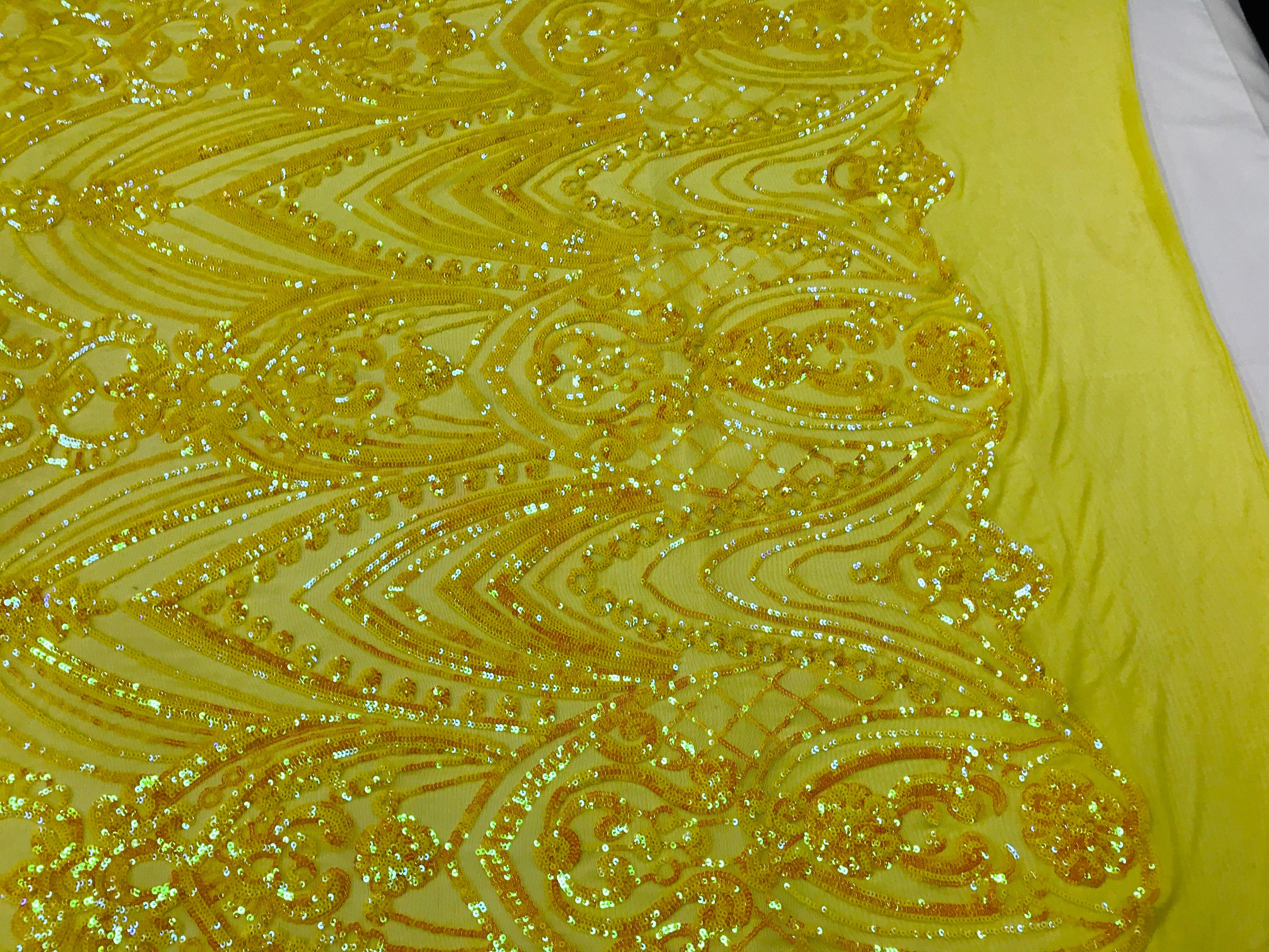 Fish Net Damask Sequins - Yellow - 4 Way Stretch Shiny Fashion Sequins By Yard