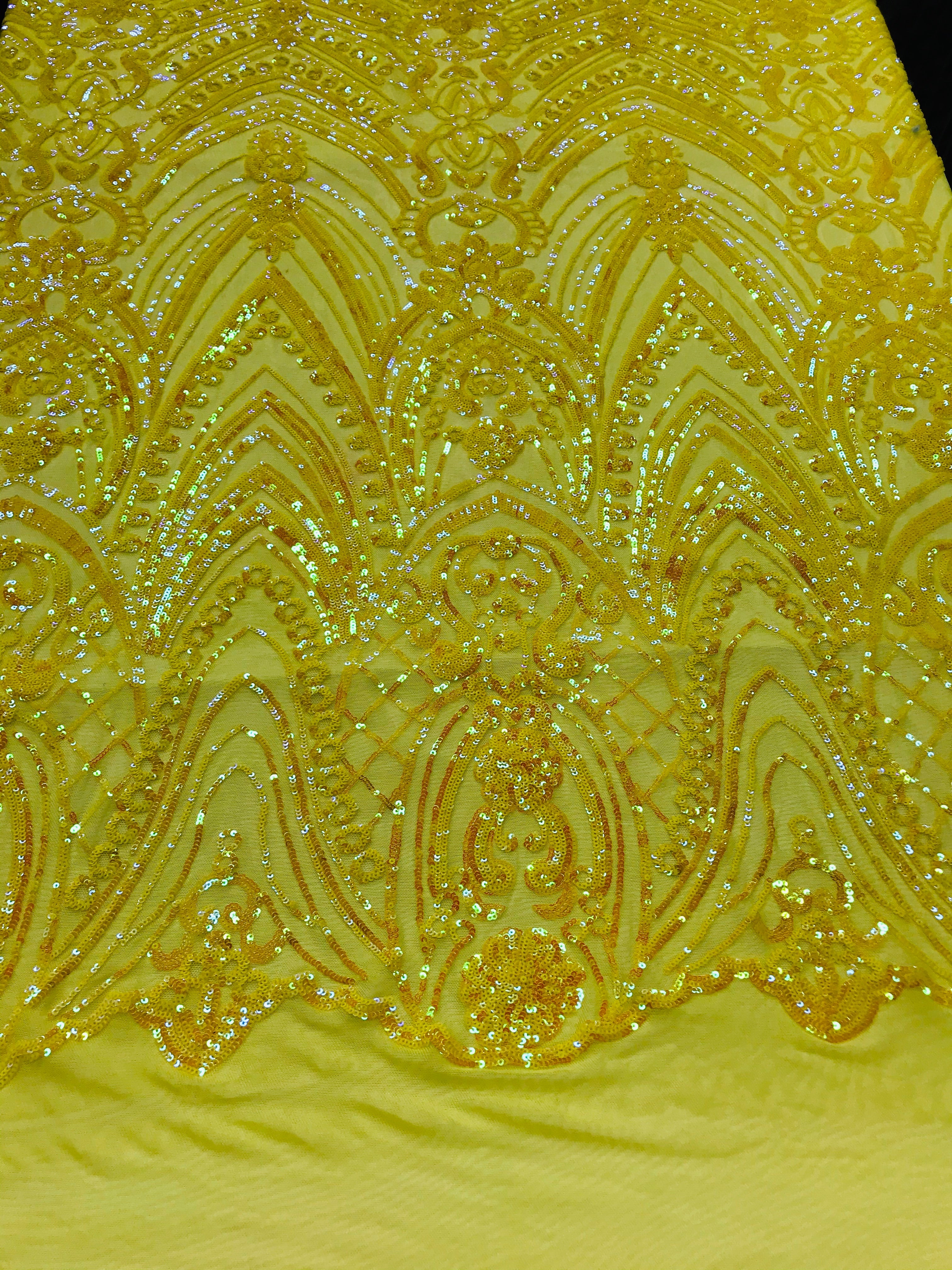 Fish Net Damask Sequins - Yellow - 4 Way Stretch Shiny Fashion Sequins By Yard