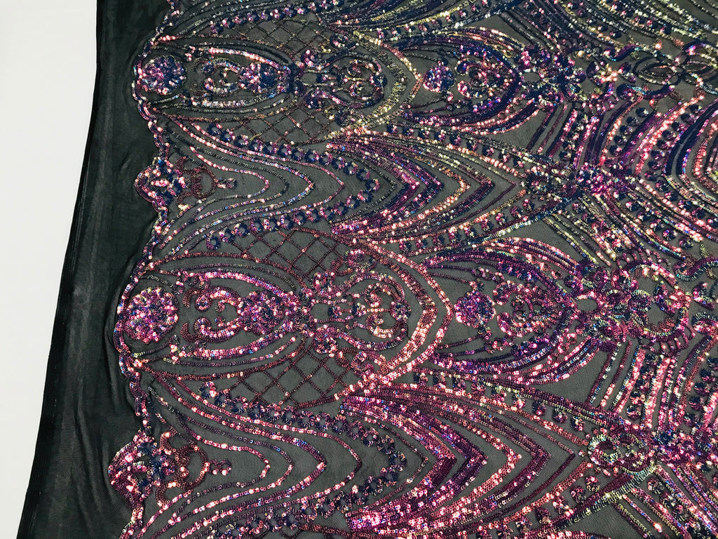 Fish Net Damask Sequins - Rainbow - 4 Way Stretch Shiny Fashion Sequins By Yard