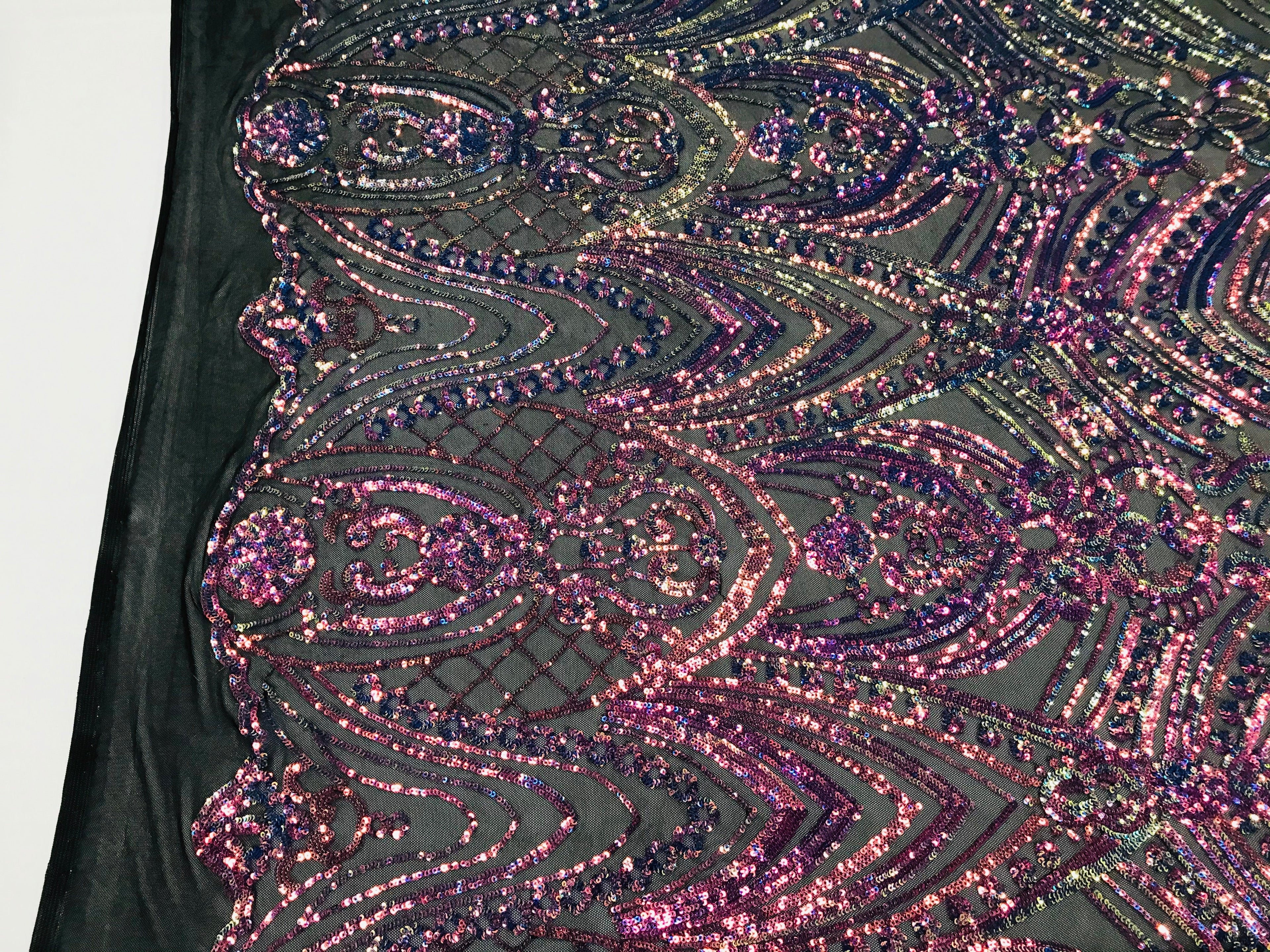Fish Net Damask Sequins - Rainbow - 4 Way Stretch Shiny Fashion Sequins By Yard